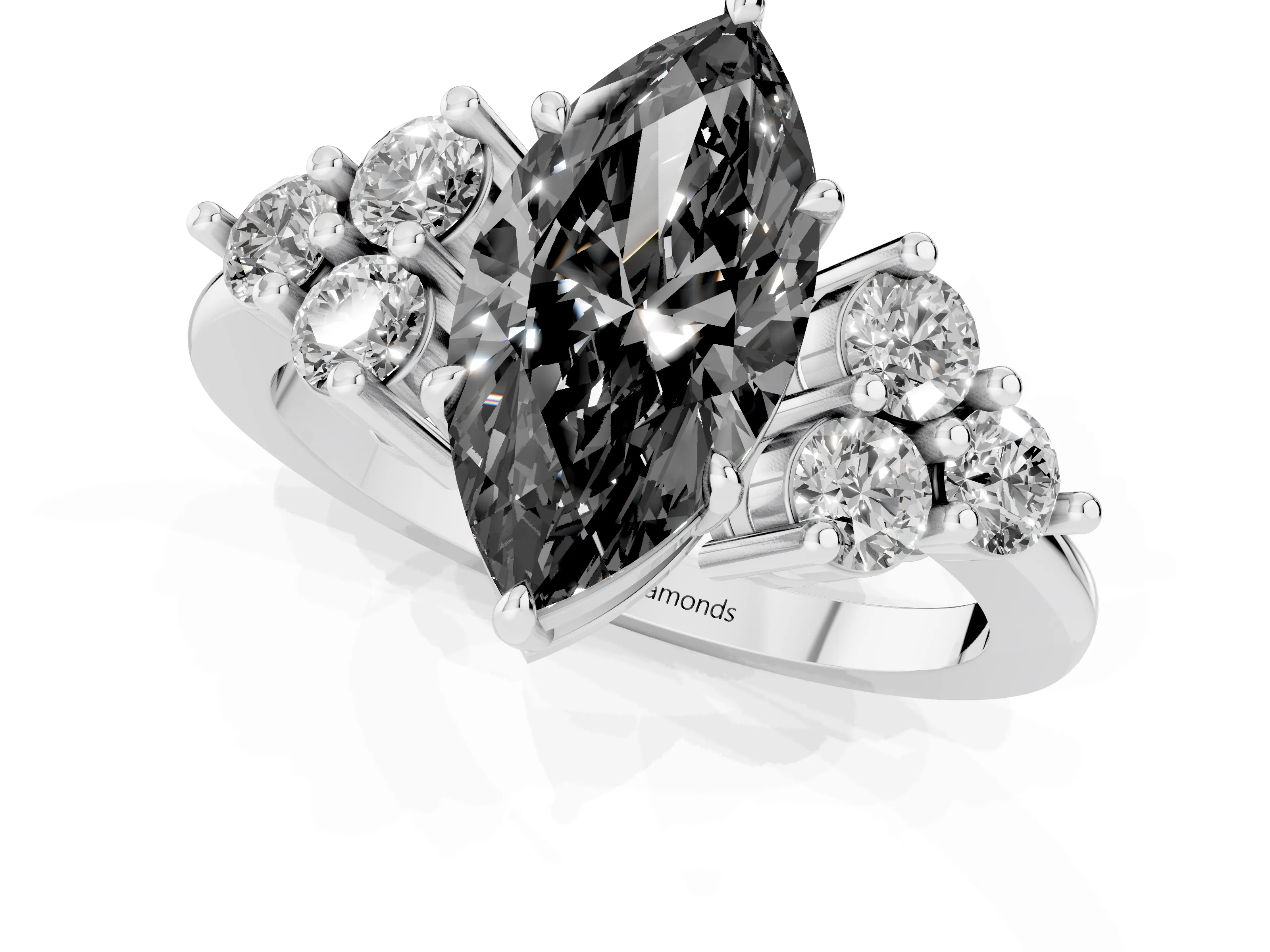 Fancy Black Marquise Cut Diamond Solitaire Ring Set in White gold with Cluster Accents on Each Side