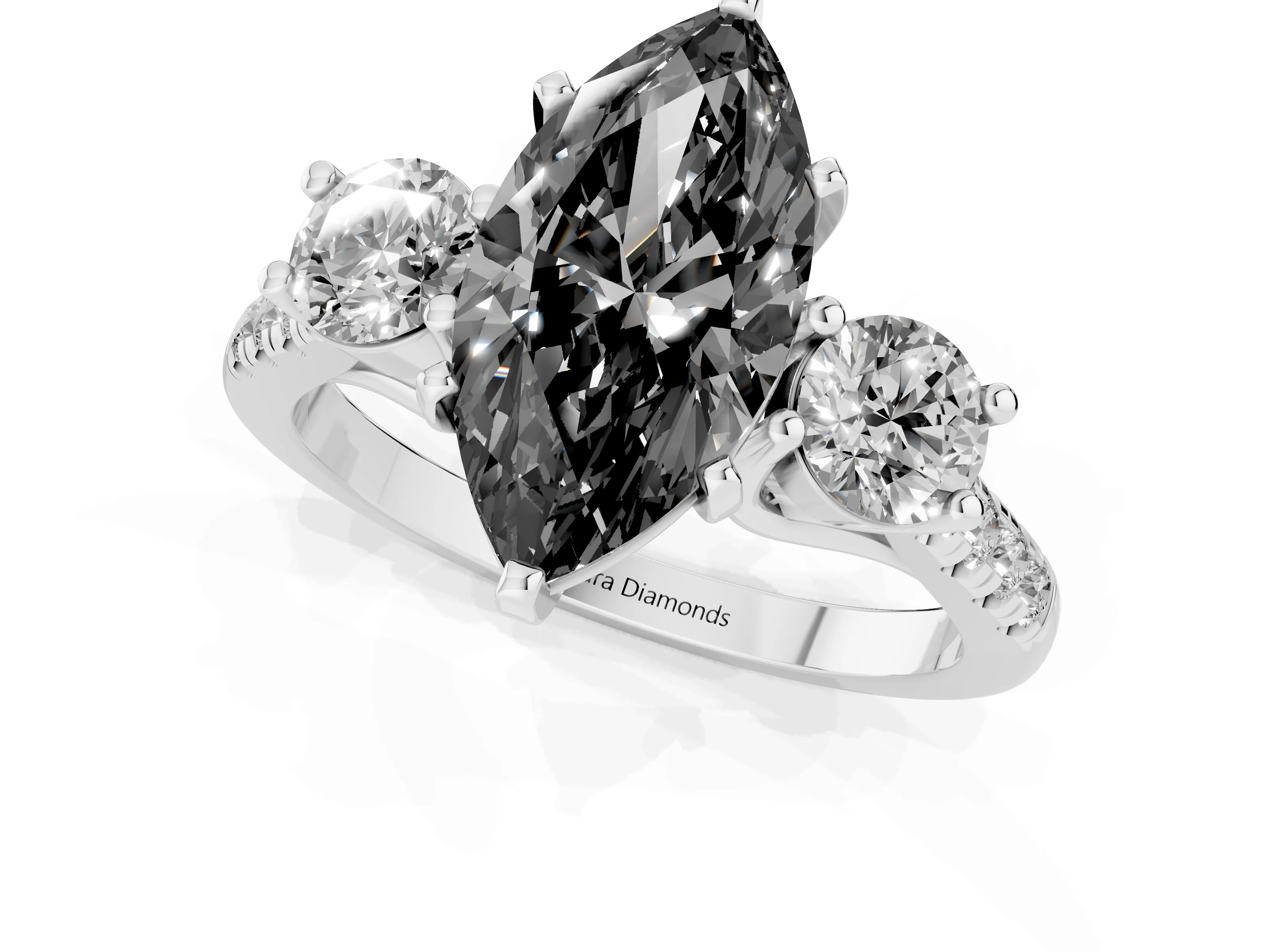 Fancy Black Three-Stone Marquise Cut Diamond Pavé Band Ring Set in Platinum with Prong-Set Trio