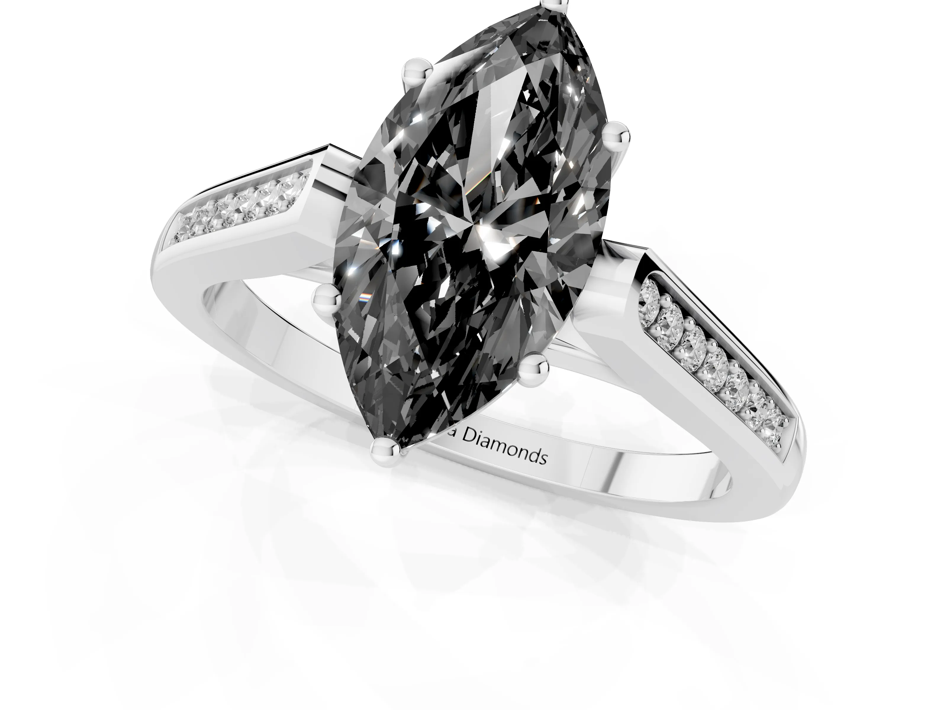 Fancy Black Marquise Cut Diamond Solitaire Cathedral Engagement Ring Set in White gold with Channel-Set Band and Prong Setting