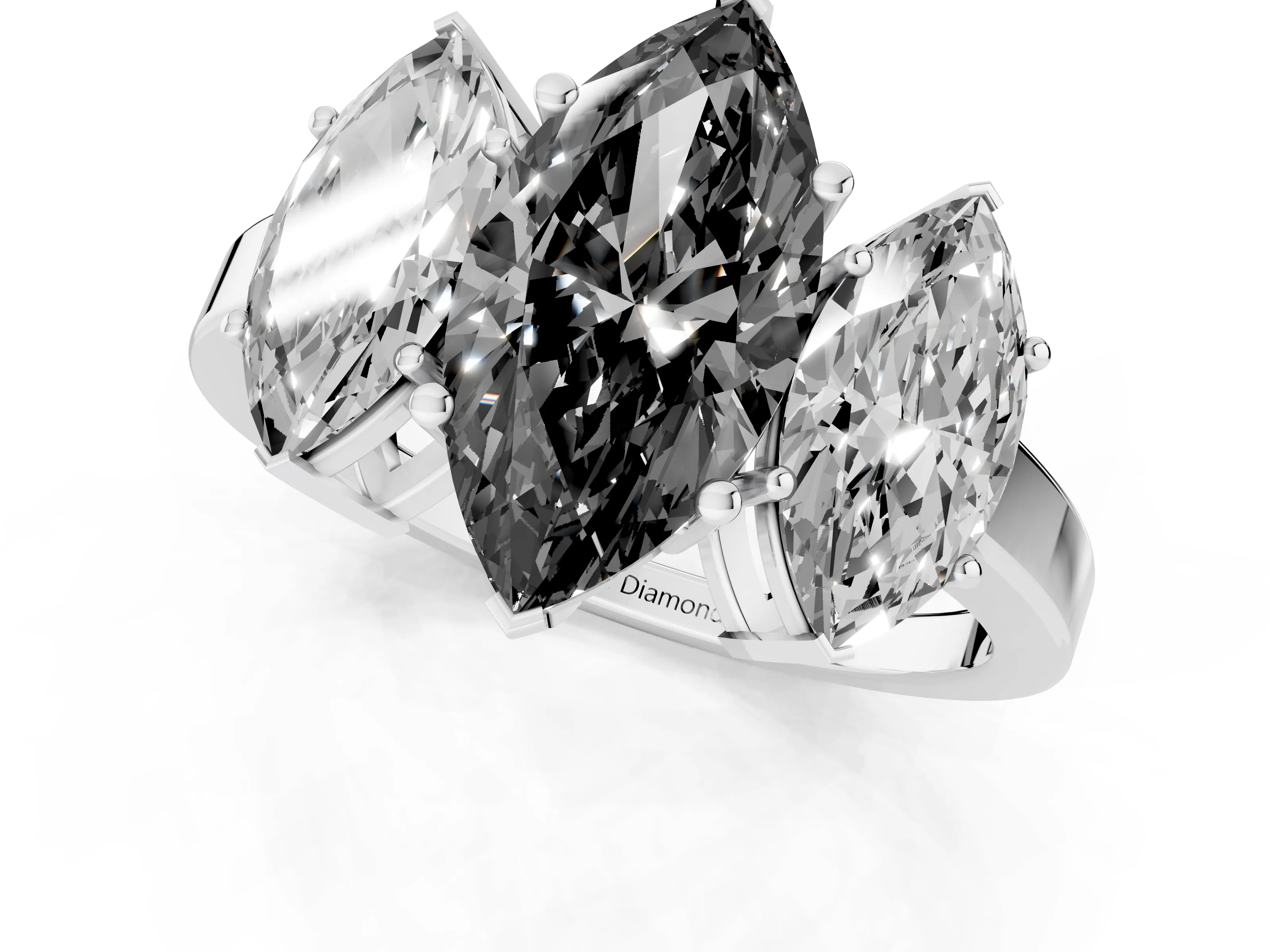 Fancy Black Marquise Cut Diamond Three-Stone Engagement Ring Set in Platinum with Flat Band