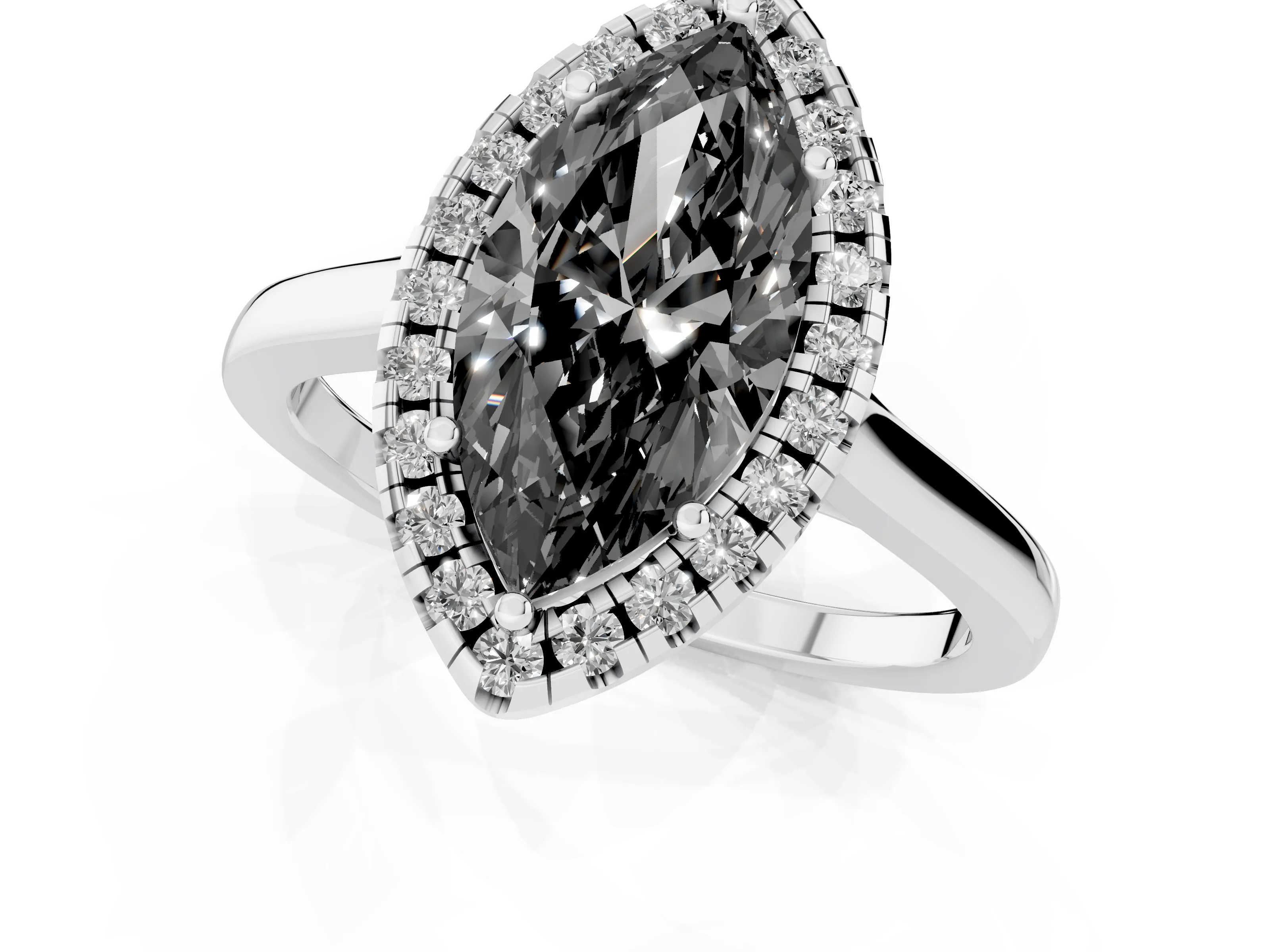 Fancy Black Marquise Cut Halo Round Diamond Solitaire Ring Set in Platinum with Pavé Band and Prong Setting