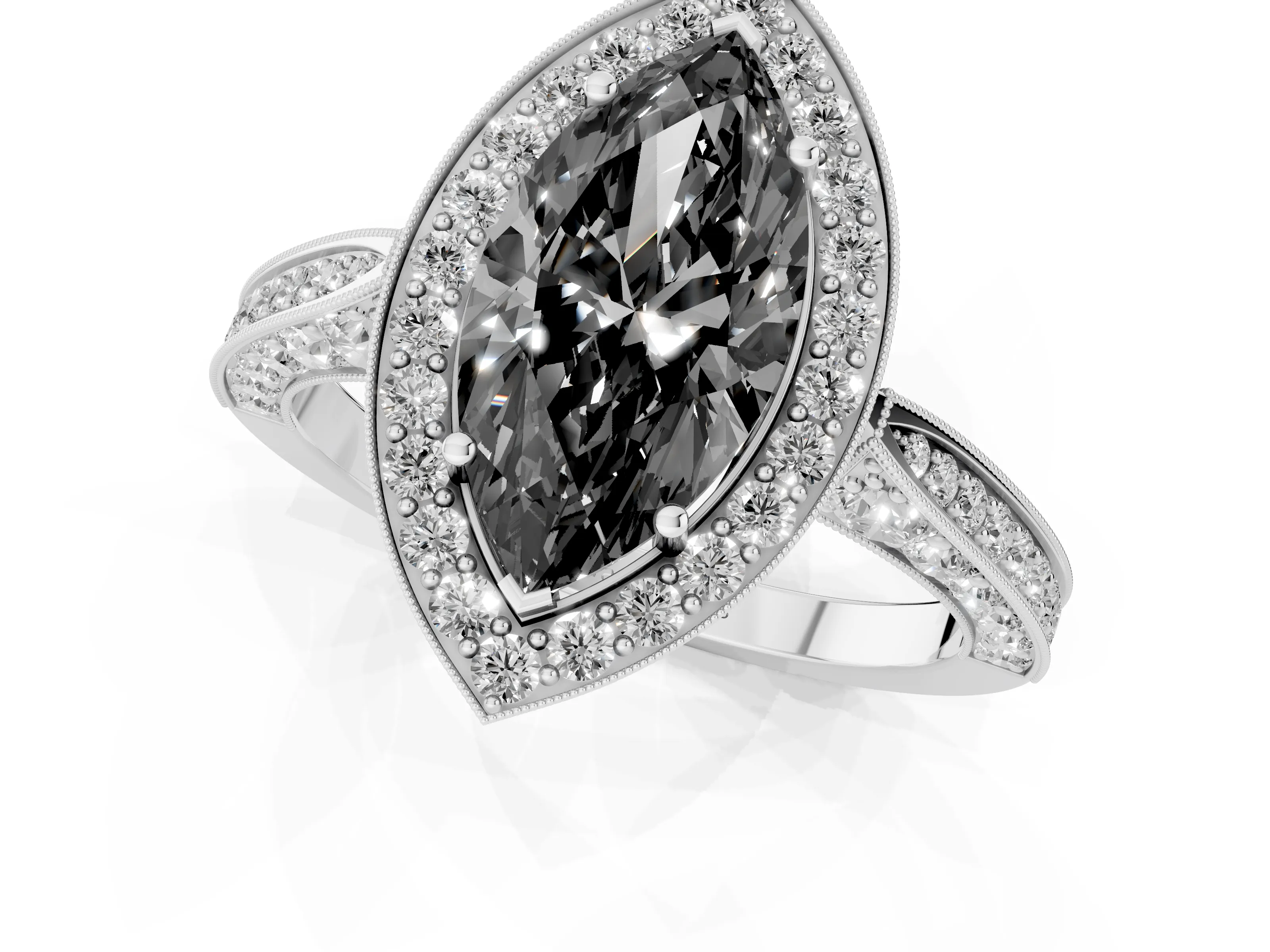 Fancy Black Marquise Cut Diamond Halo Engagement Ring Set in Silver with Accent Split Shank Band