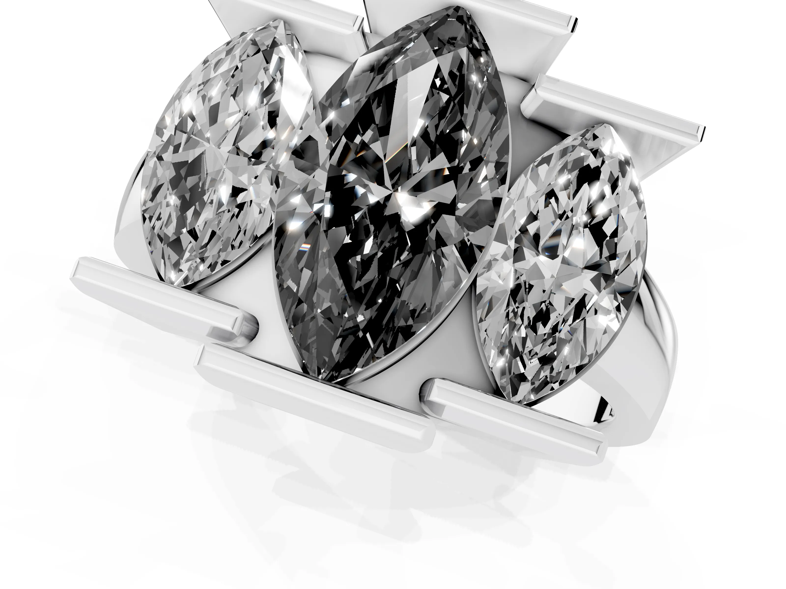 Fancy Black Marquise Cut Diamond Three-Stone Channel Set Ring Set in Platinum with Smooth Polished Band