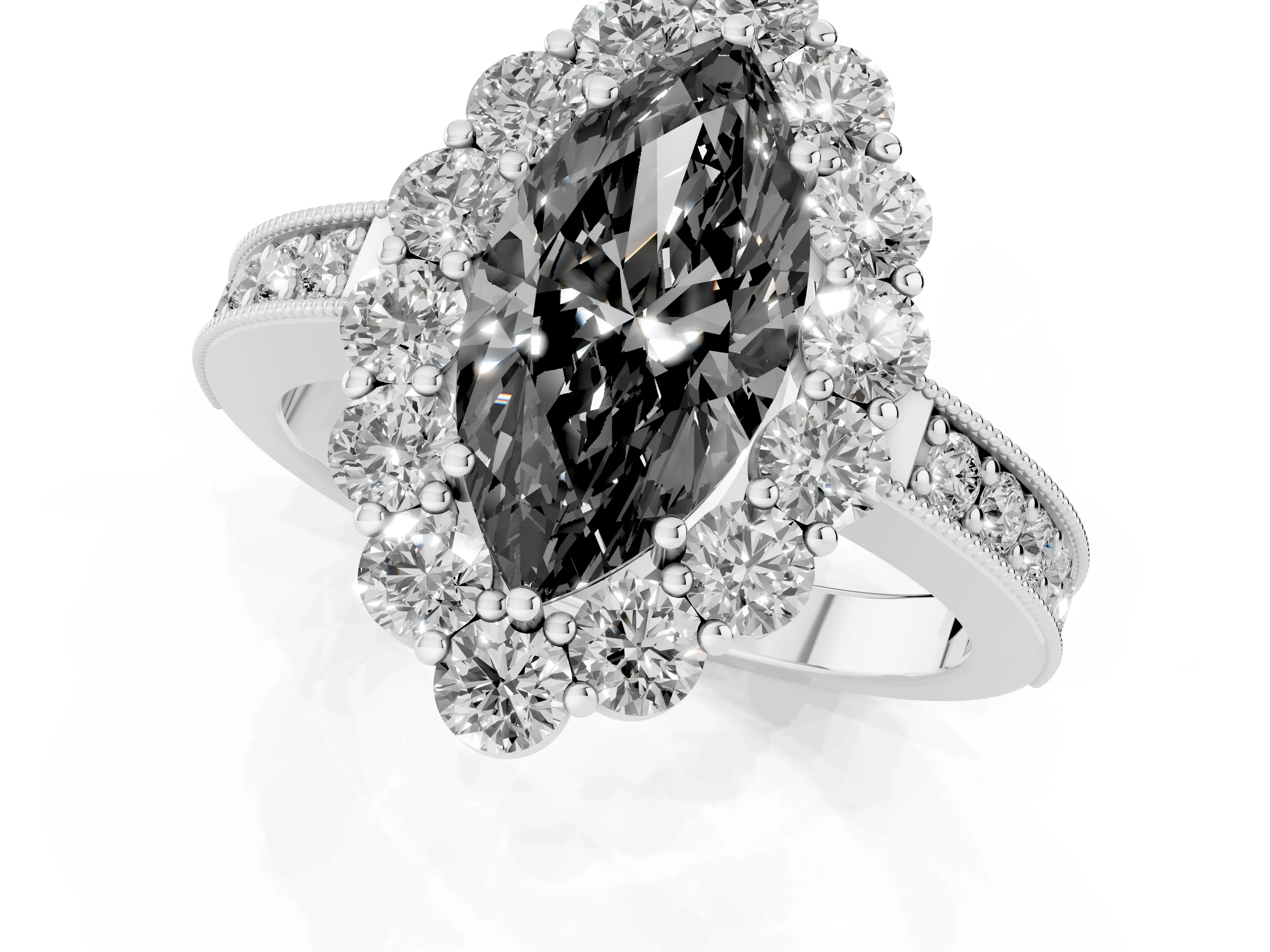 Fancy Black Marquise Cut Diamond Halo Pavé Engagement Ring Set in White gold with Milgrain Detailing