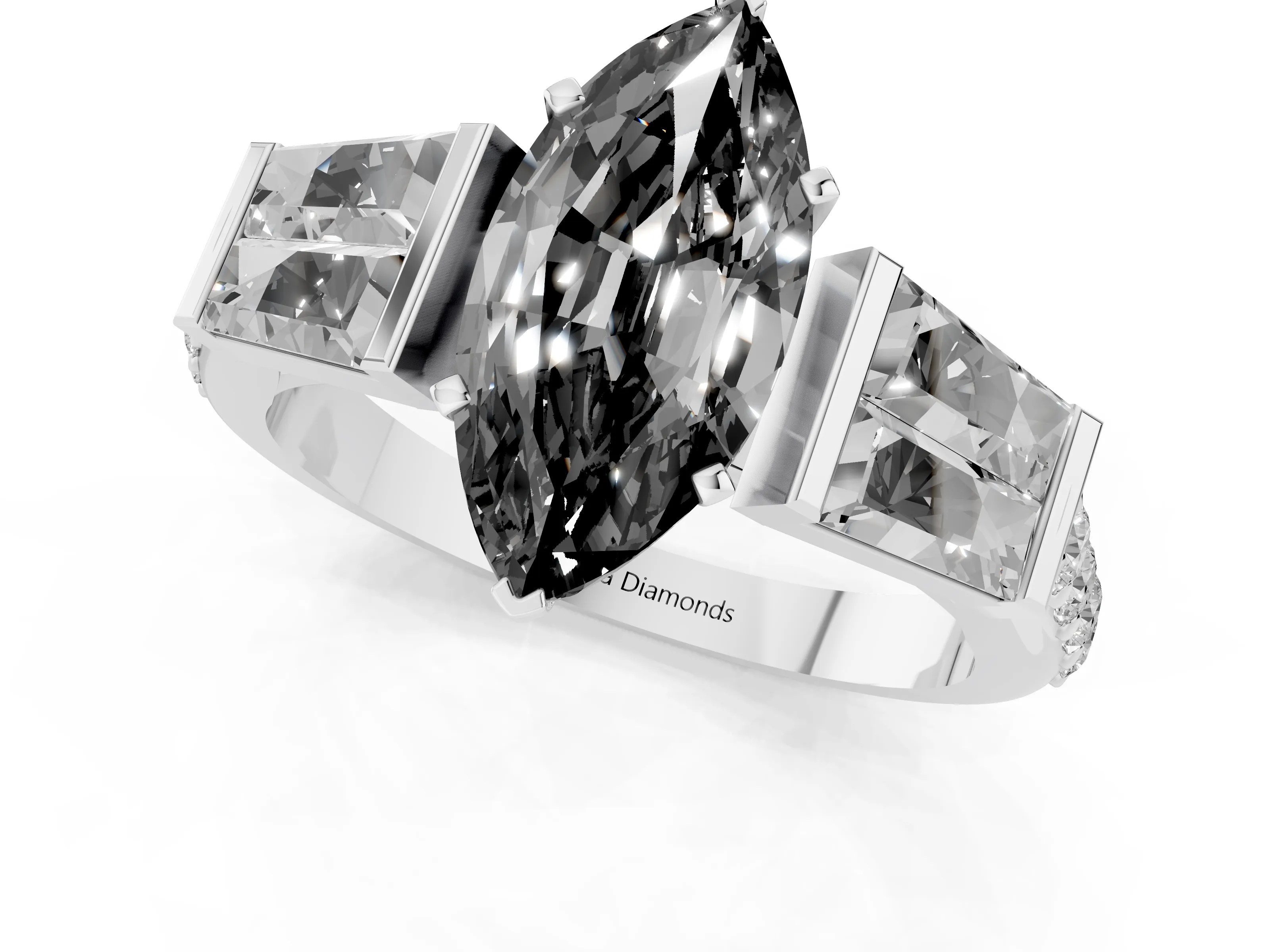 Fancy Black Marquise Cut Diamond Engagement Ring Set in Silver with Baguette Side Stones and Channel Set Band