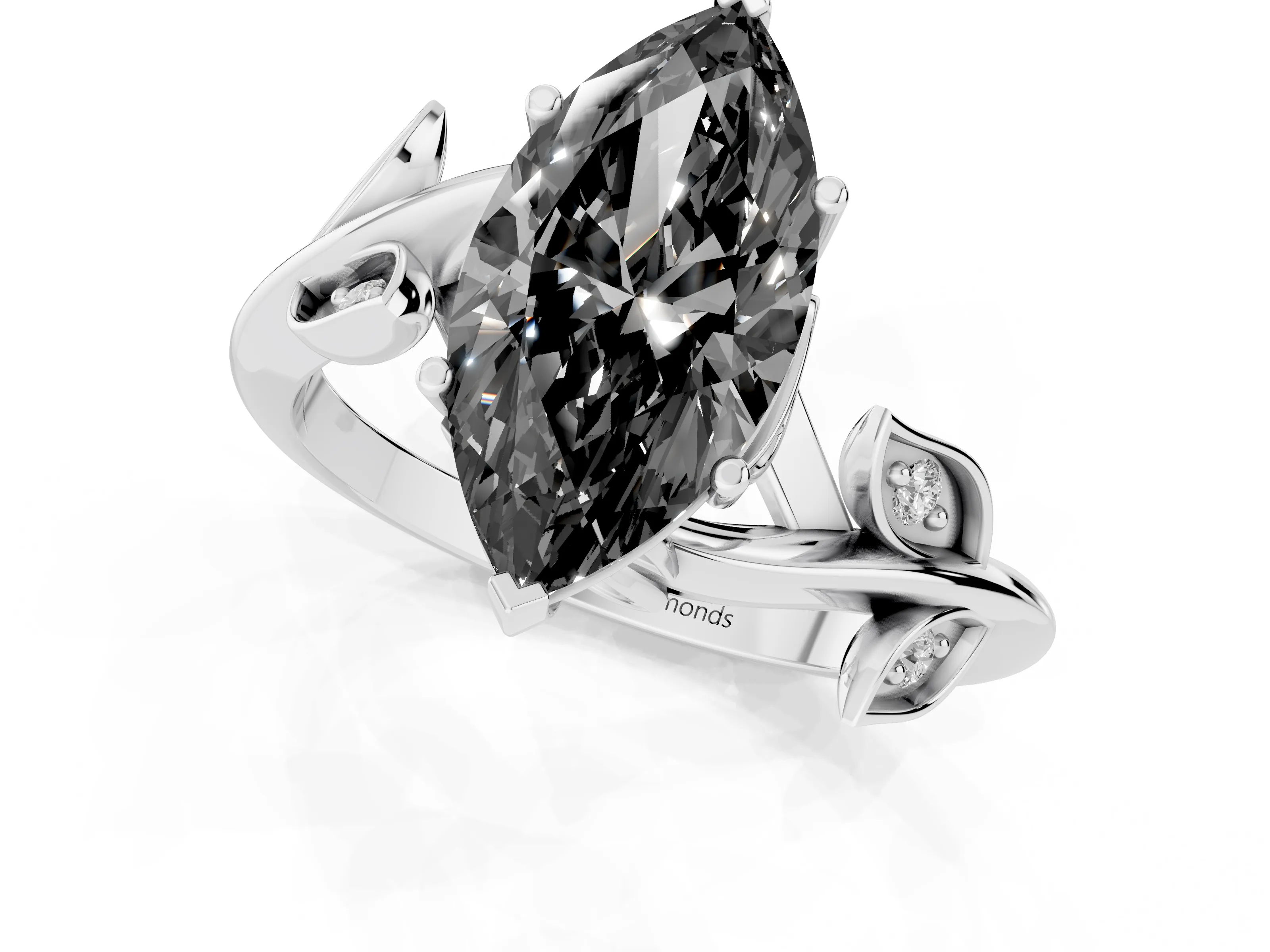 Fancy Black Marquise Cut Diamond Solitaire Twist Engagement Ring Set in Silver with Pavé Leaf Accents – second view