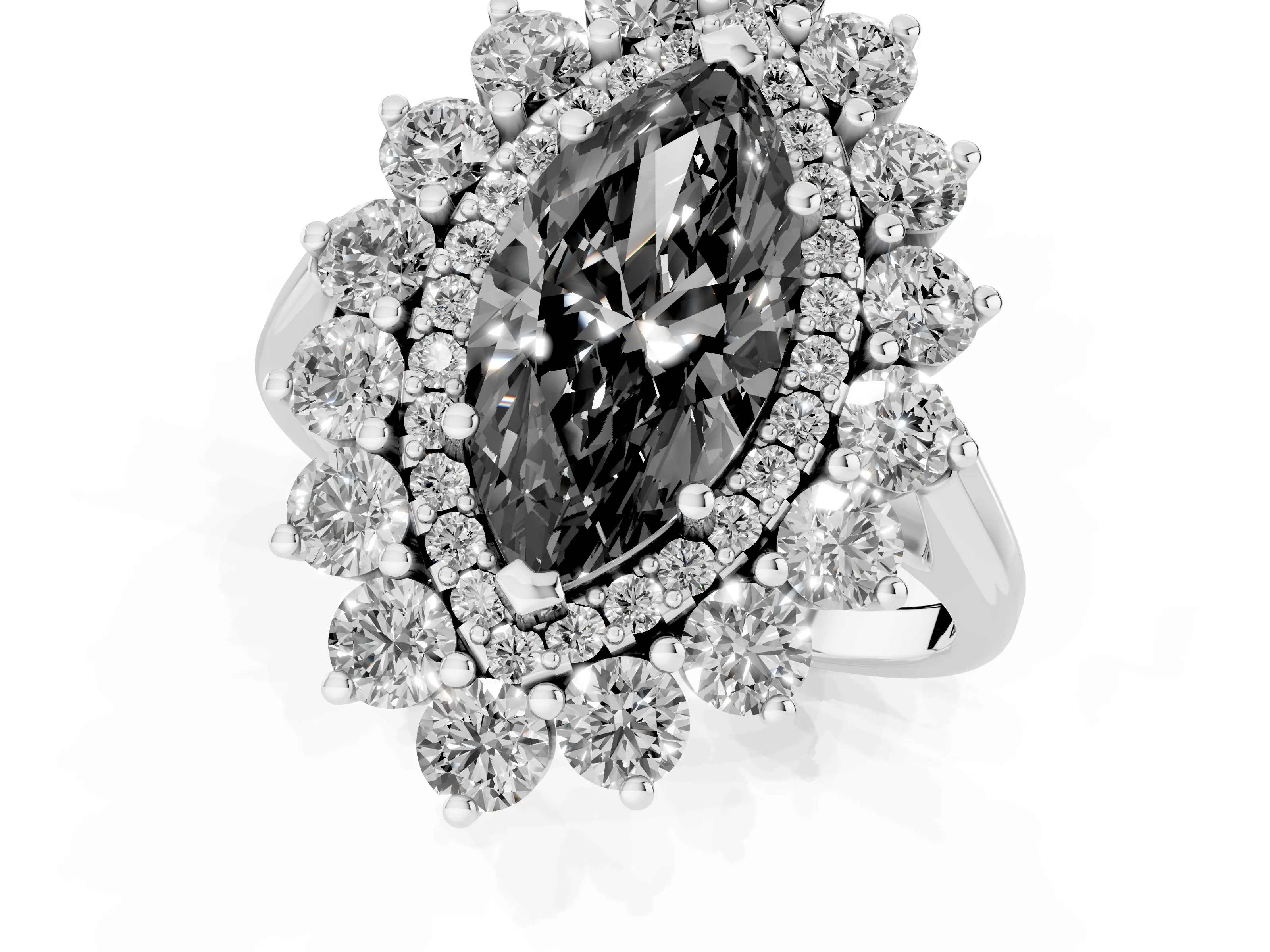 Fancy Black Marquise Cut Diamond Floral Double Halo Ring Set in Platinum with Round Petals