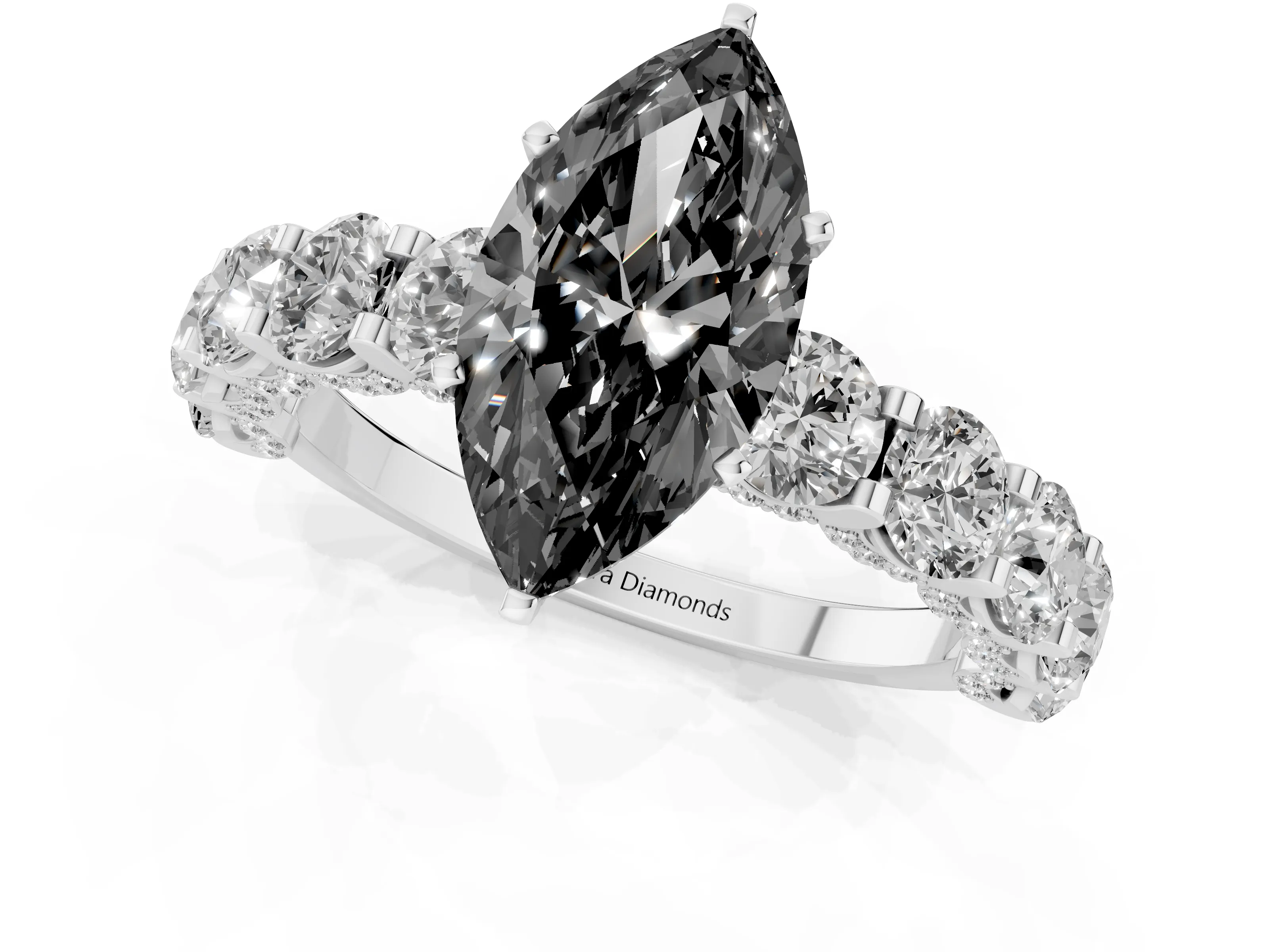 Fancy Black Marquise Cut Diamond Side Stone Ring Set in Silver with Alternating Round and Oval Side Stones