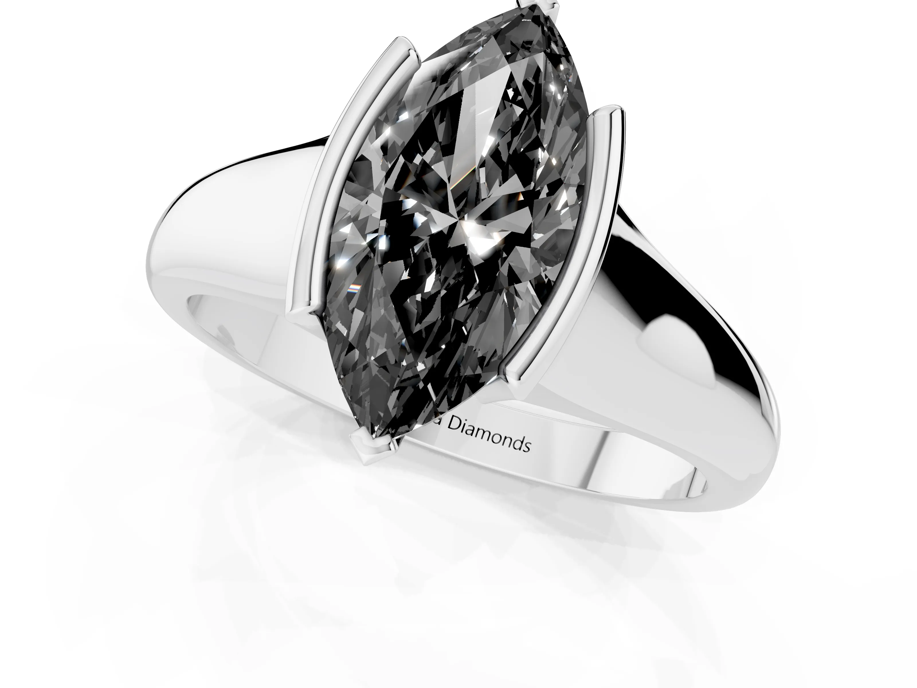 Fancy Black Marquise Cut Diamond Solitaire Tension Set Ring Set in Silver with Split Shank Band