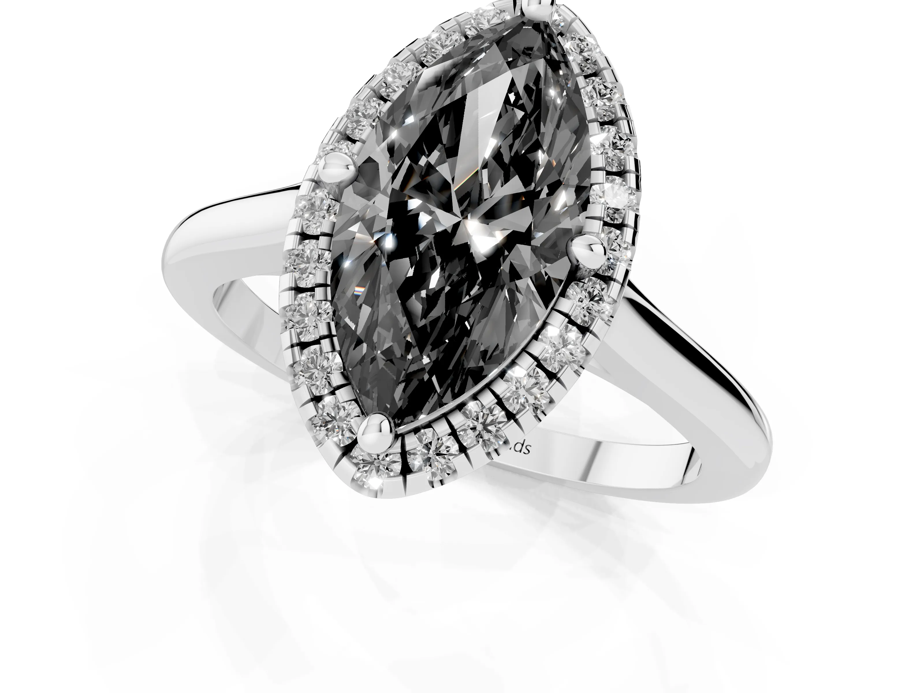 Fancy Black Marquise Cut Diamond Halo Engagement Ring Set in Silver with Pavé Band and Rising Shoulders