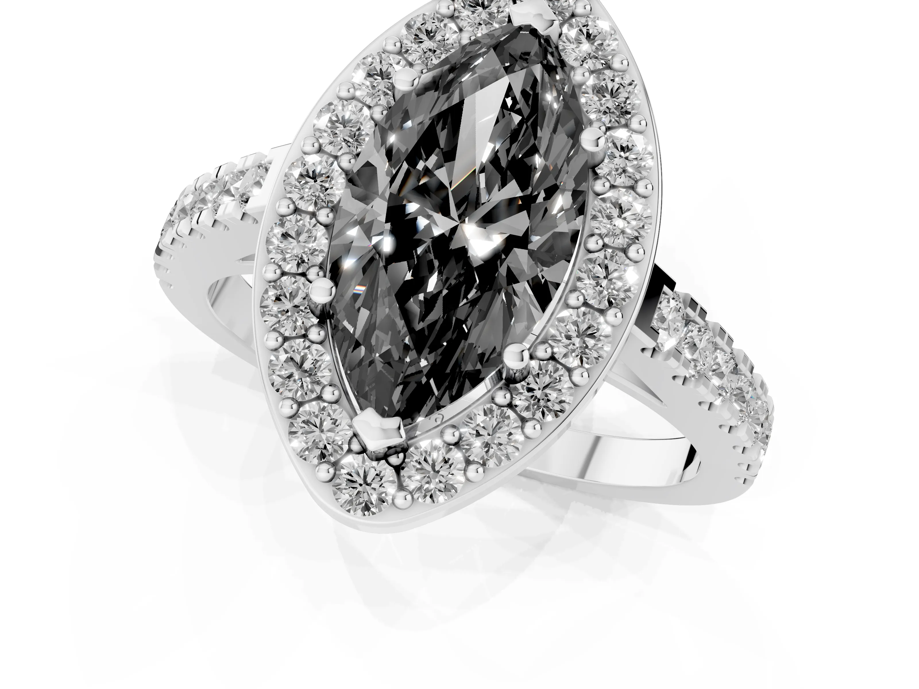 Fancy Black Marquise Cut Diamond Halo Ring Set in White gold with Round Pavé Split Shank and Prong Setting