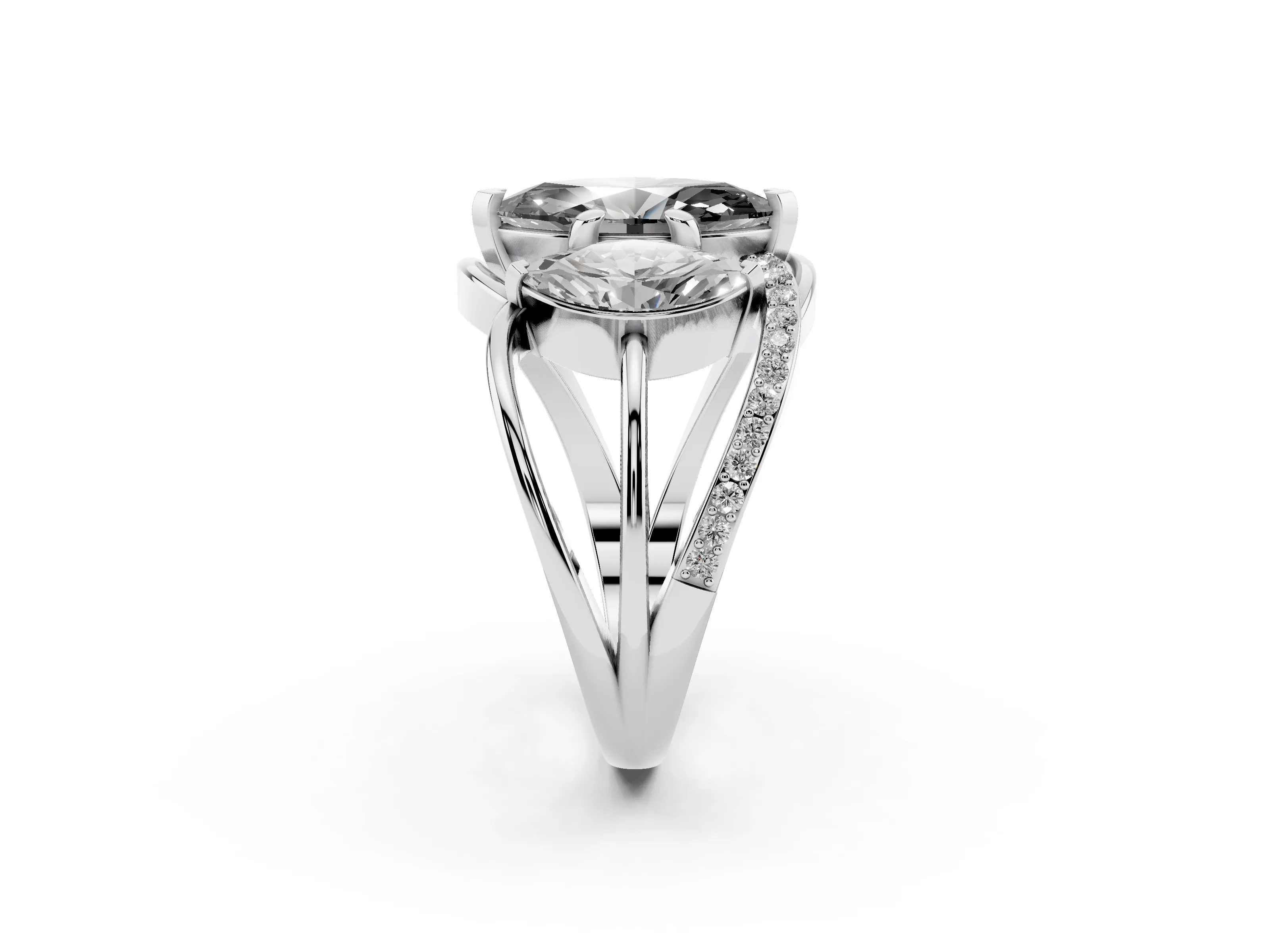 Fancy Black Marquise Cut Diamond Three-Stone Ring Set in Platinum with Split Shank and Prong Setting