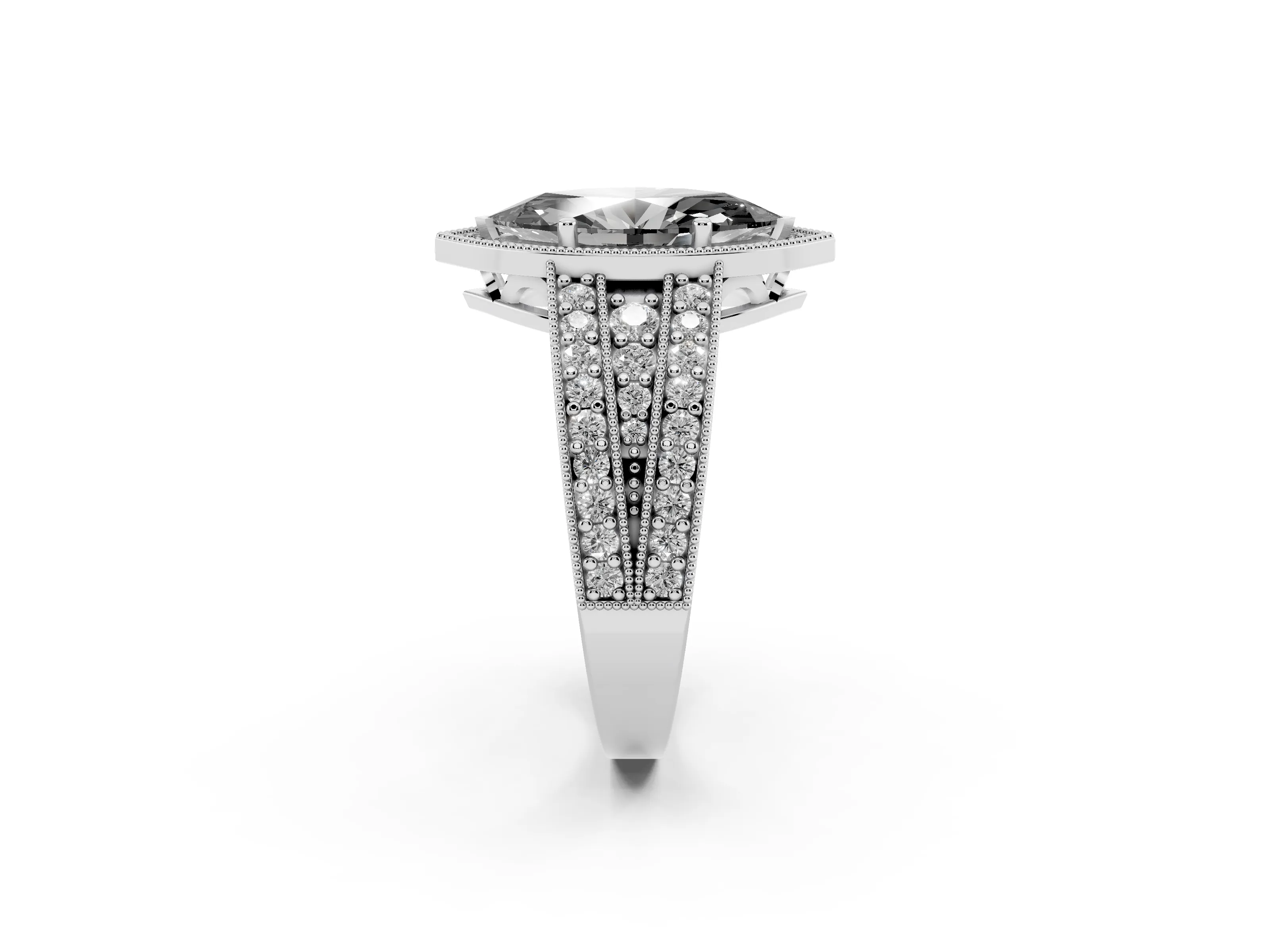 Fancy Black Marquise Cut Diamond Halo Ring Set in Platinum with Accent Split Shank and Prong Setting