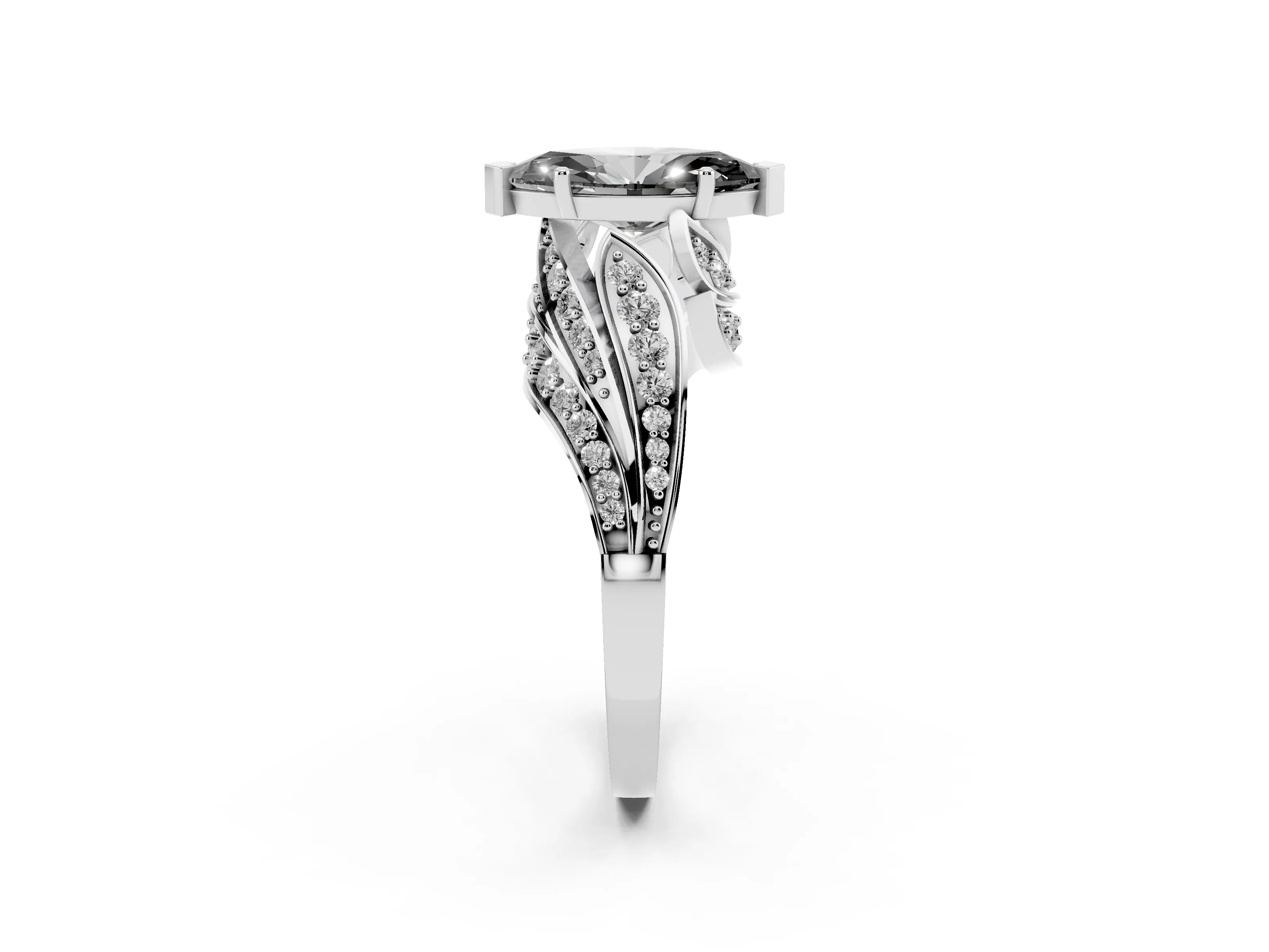 Fancy Black Marquise Cut Diamond Solitaire Ring Set in Platinum with Layered Twist Pavé Band
