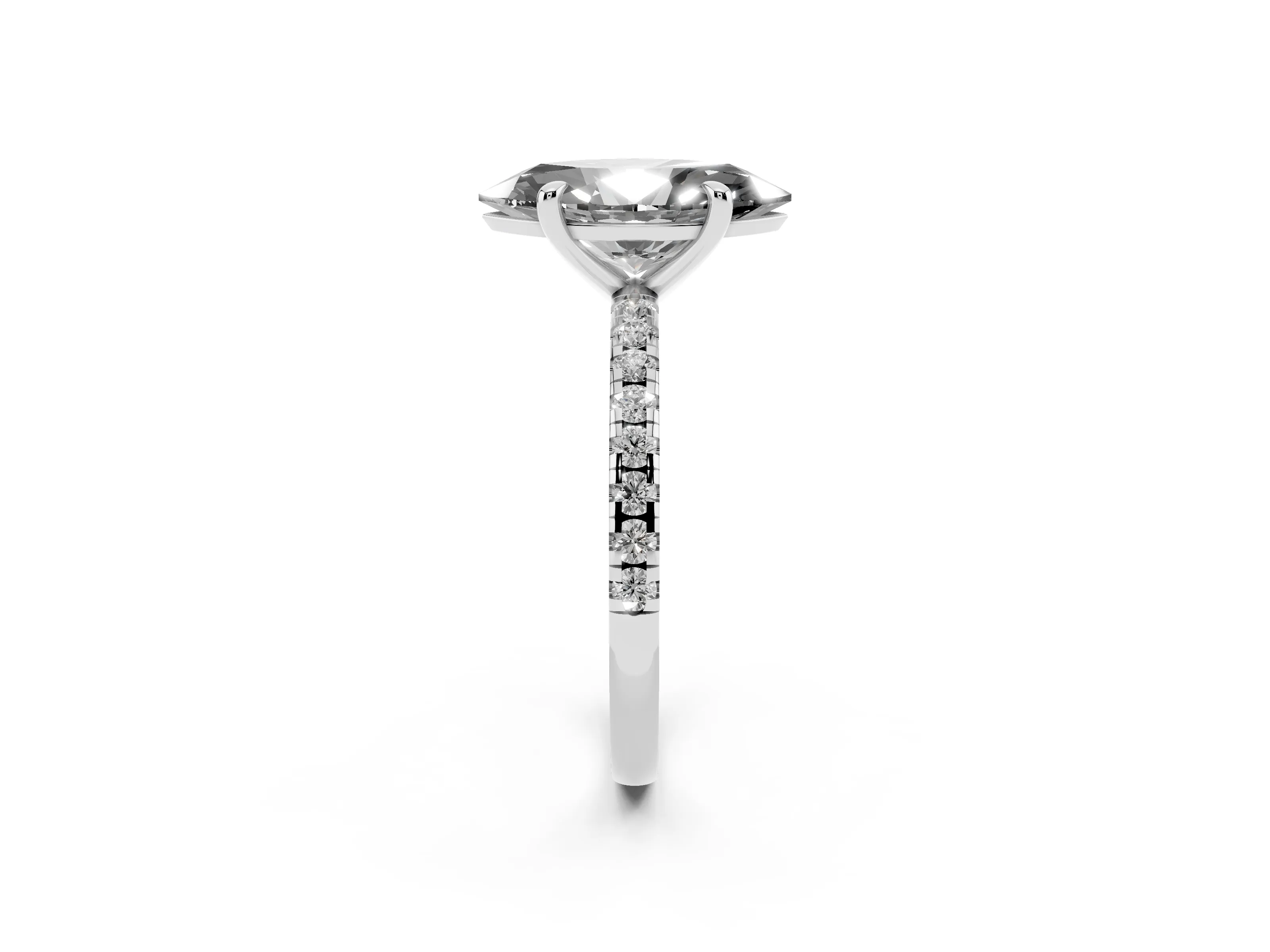 Fancy Black Marquise Cut Diamond Brilliant Solitaire Ring Set in White gold with Pavé Band and Prong Setting