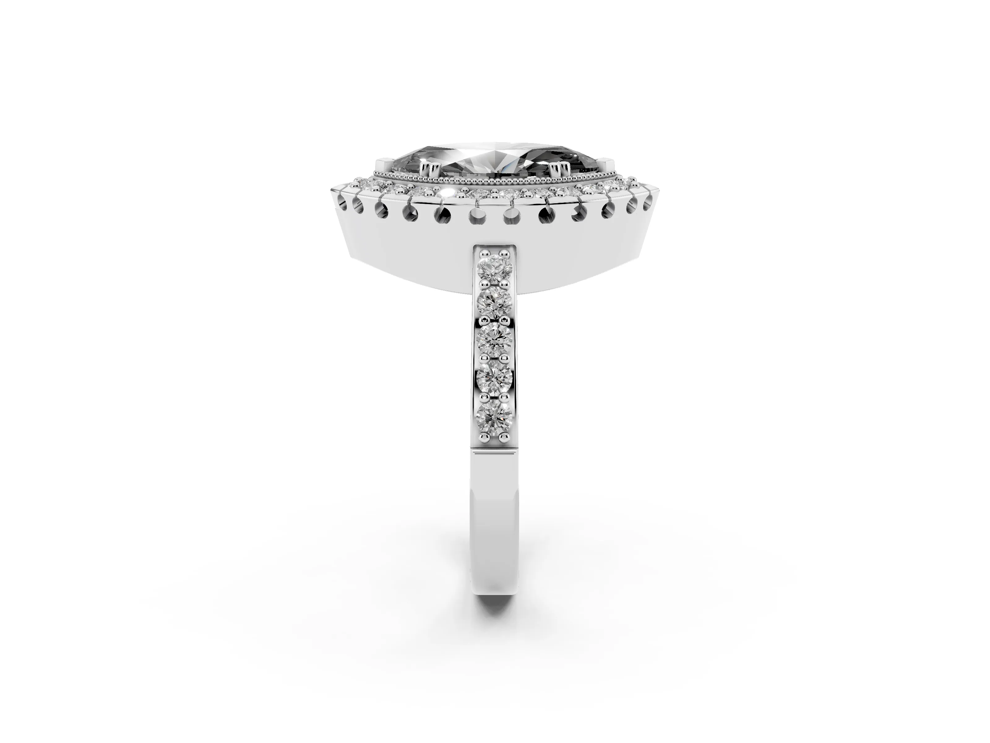 Fancy Black Marquise Cut Diamond Halo Ring Set in White gold with Pavé Shank and Prong Setting