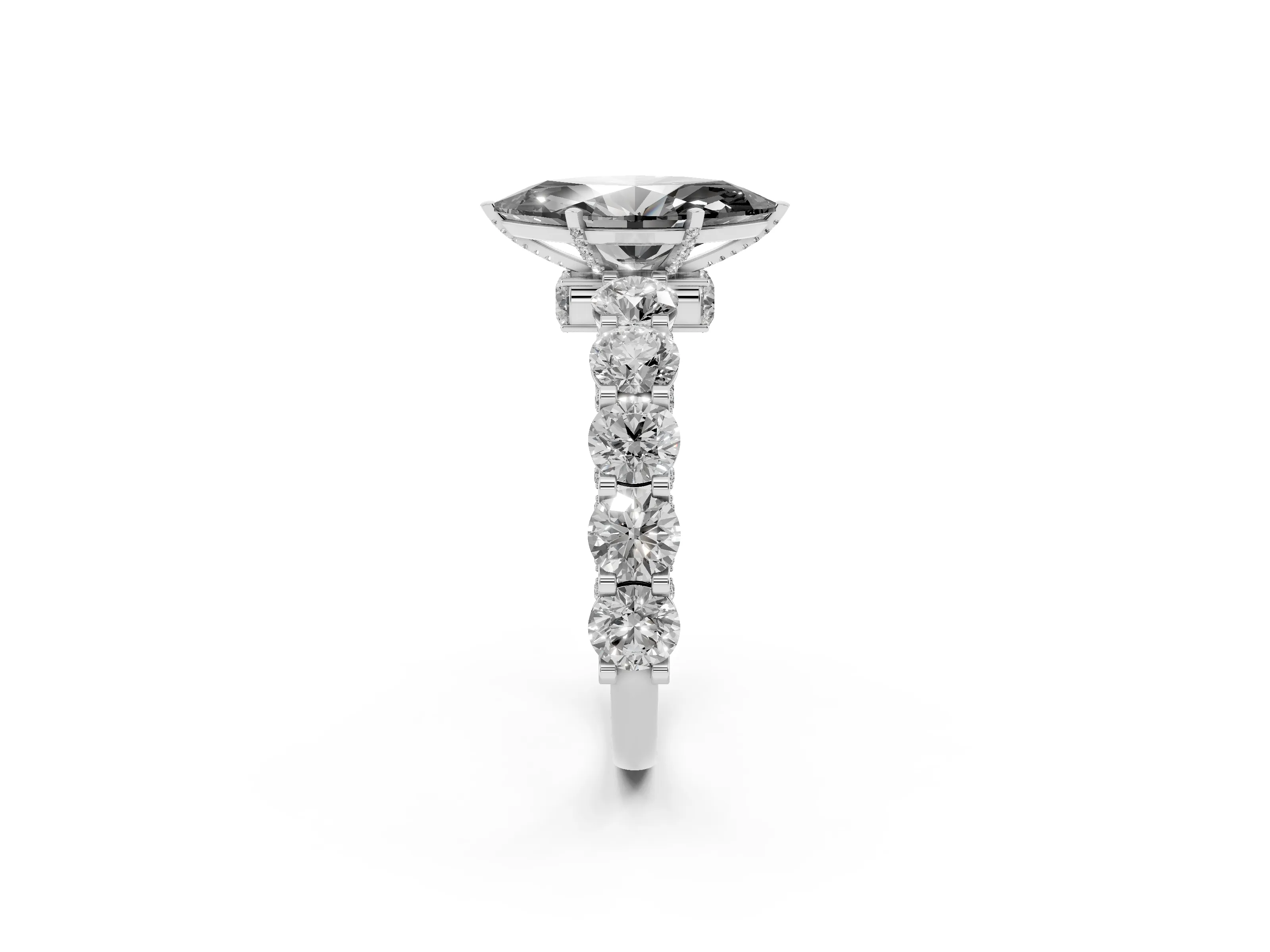 Fancy Black Marquise Cut Diamond Side Stone Ring Set in Silver with Alternating Round and Oval Side Stones