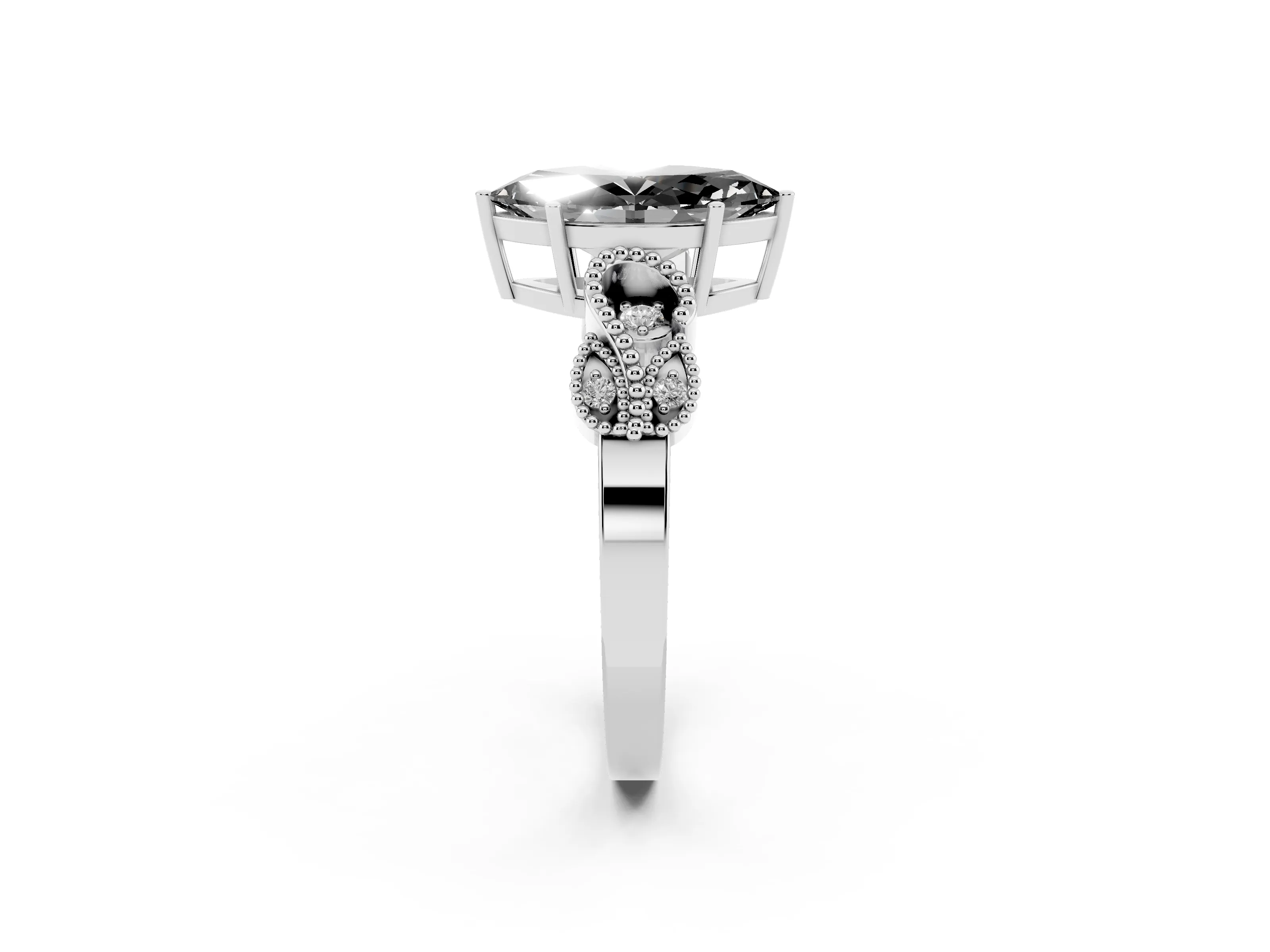 Fancy Black Marquise Cut Diamond Milgrain Leaf Band Solitaire Ring Set in Platinum with Accent Stones and Prong Setting