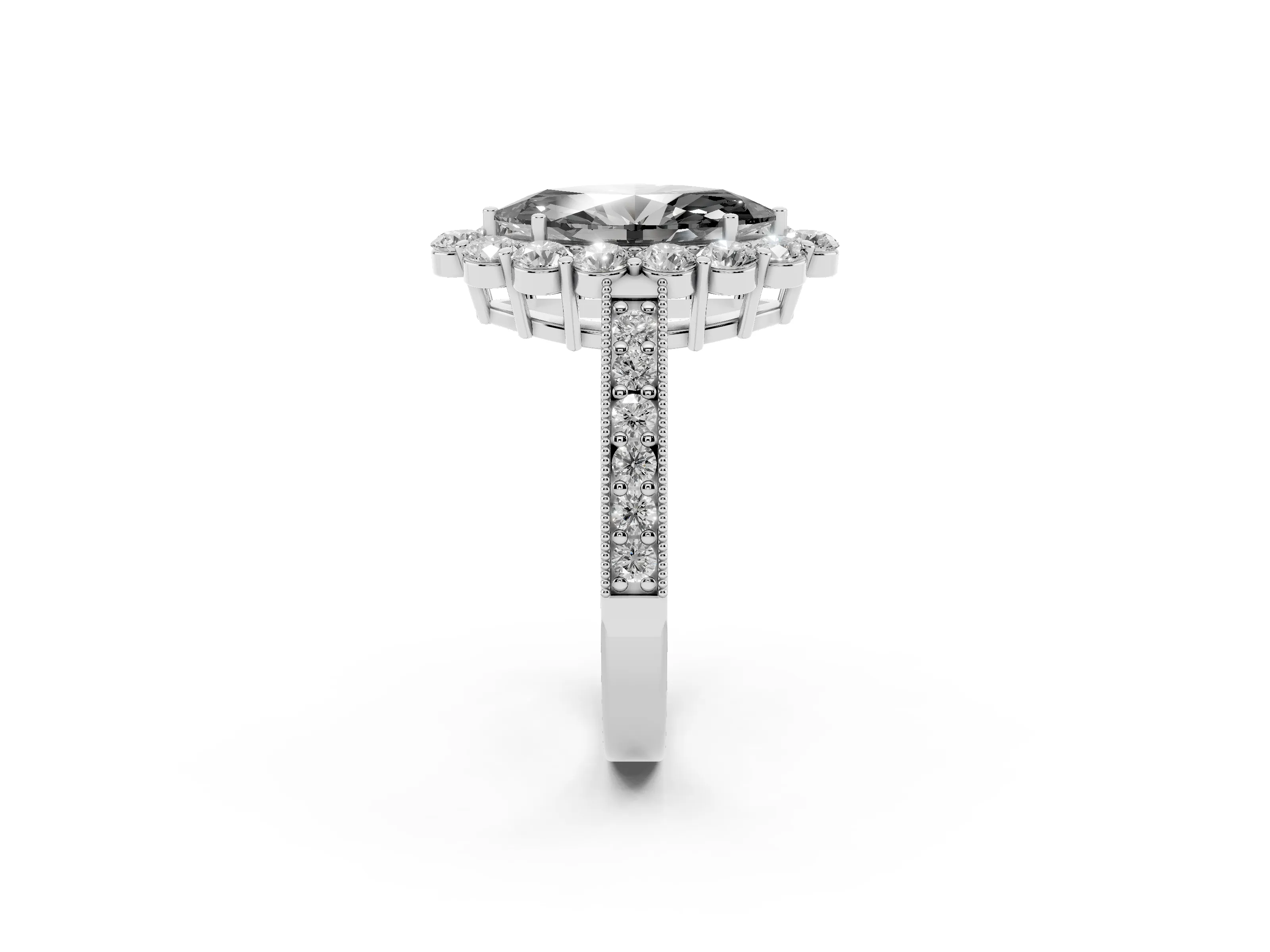 Fancy Black Marquise Cut Diamond Halo Pavé Engagement Ring Set in White gold with Milgrain Detailing