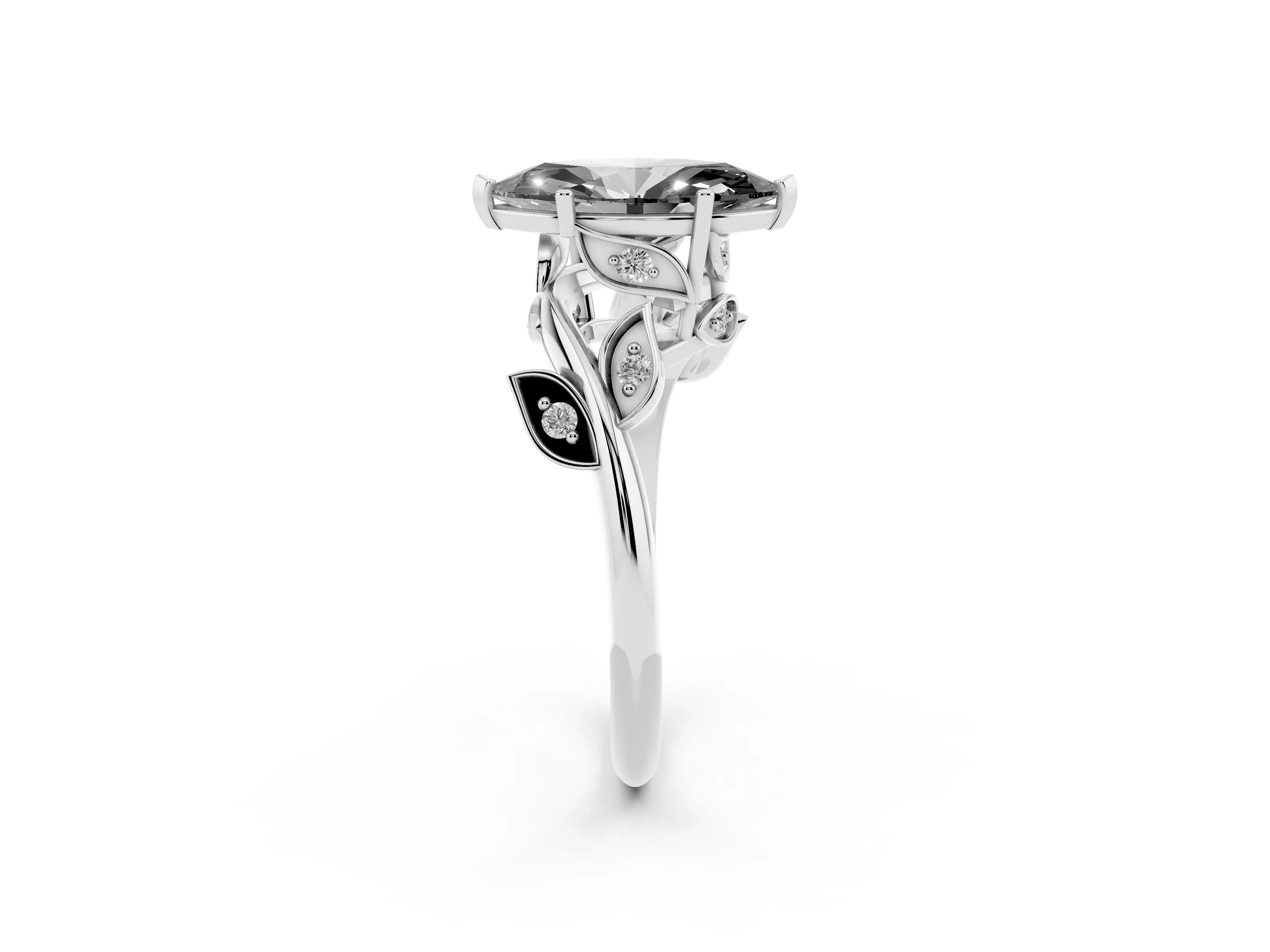 Fancy Black Marquise Cut Diamond Solitaire Twist Engagement Ring Set in White gold with Pavé Leaf Accents