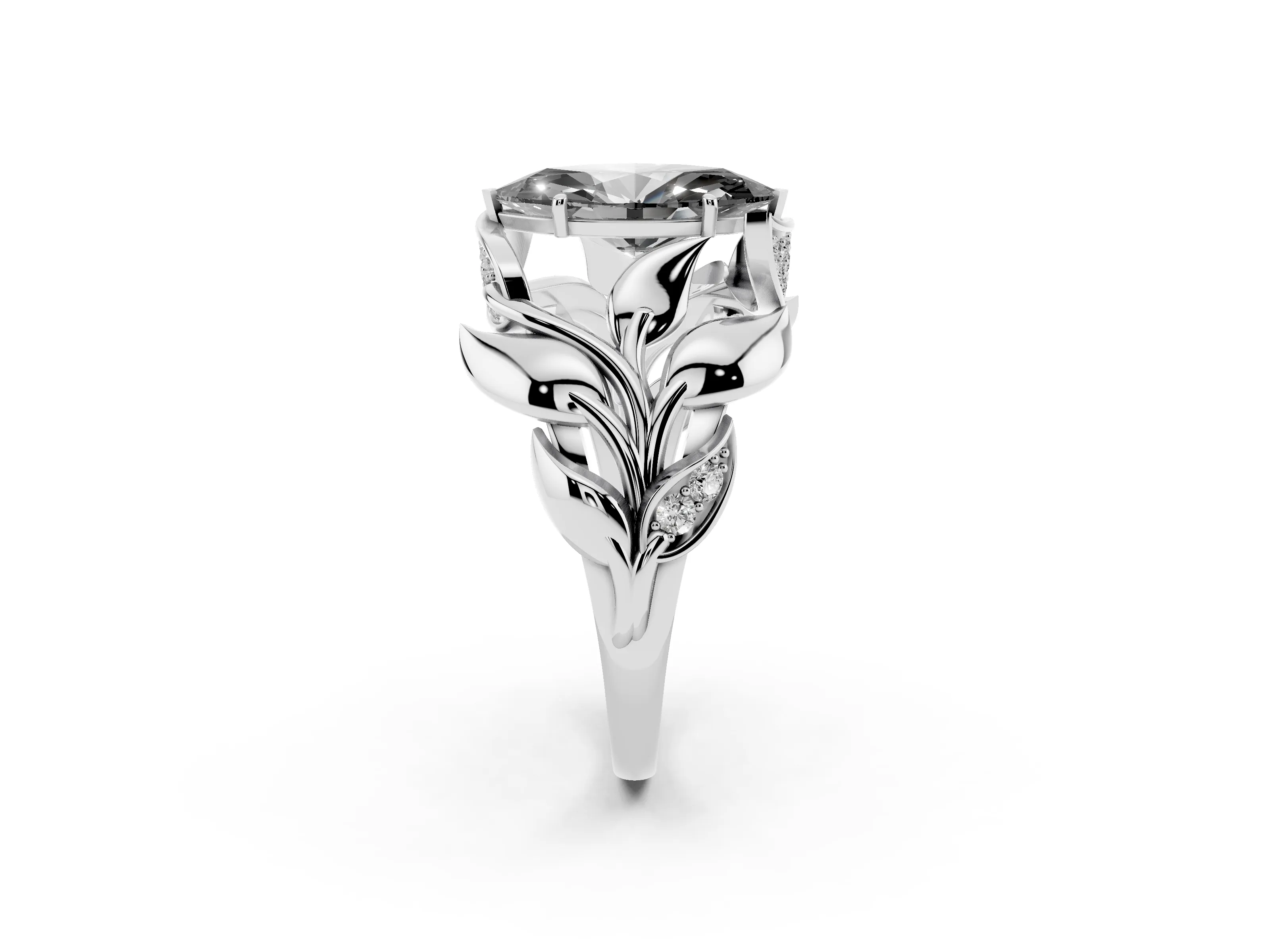 Fancy Black Marquise Cut Diamond Leaf-Inspired Engagement Ring Set in Silver with Round Accents