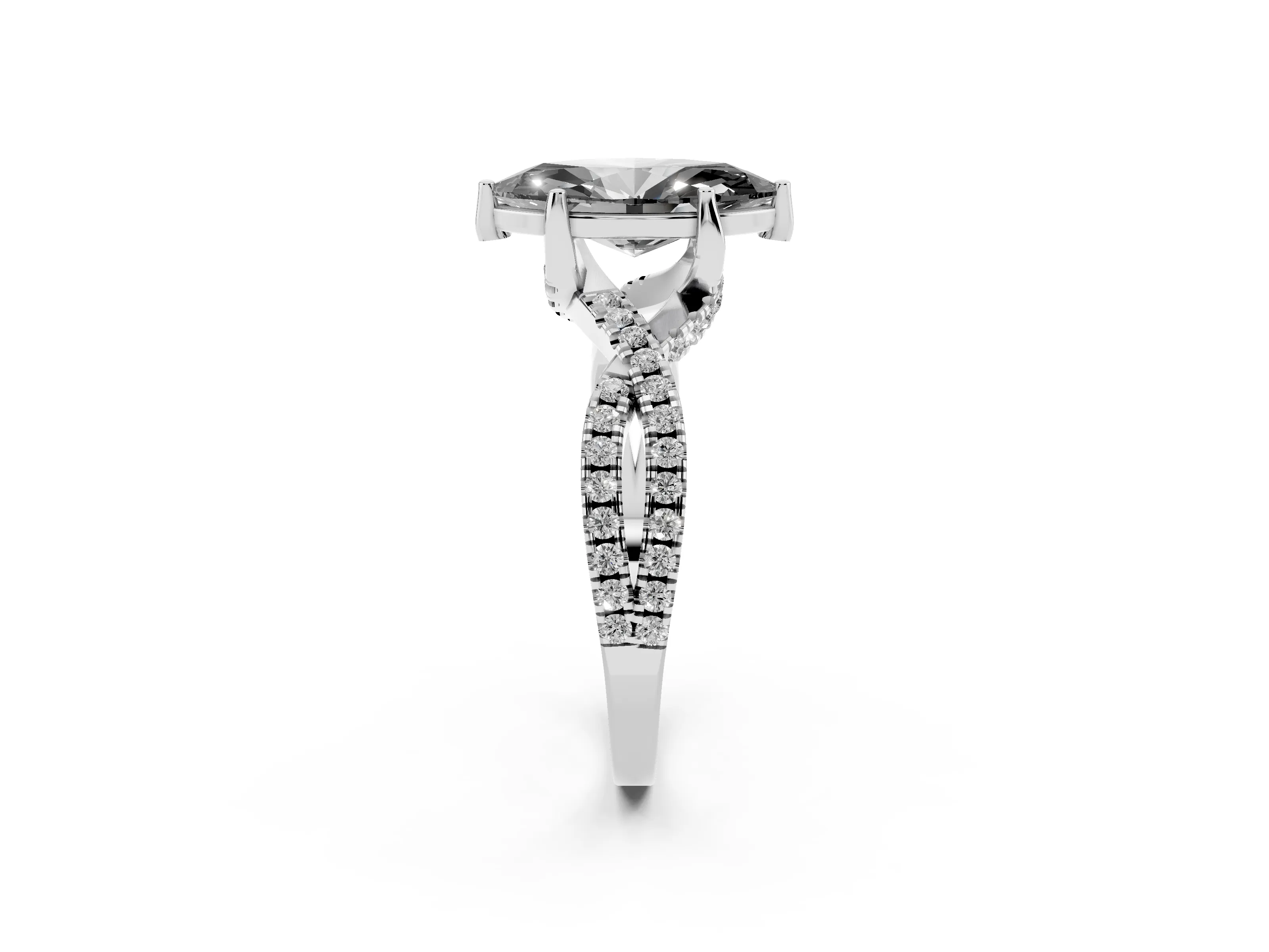 Fancy Black Marquise Cut Diamond Twist Pavé Solitaire Engagement Ring Set in White gold with Prong Setting