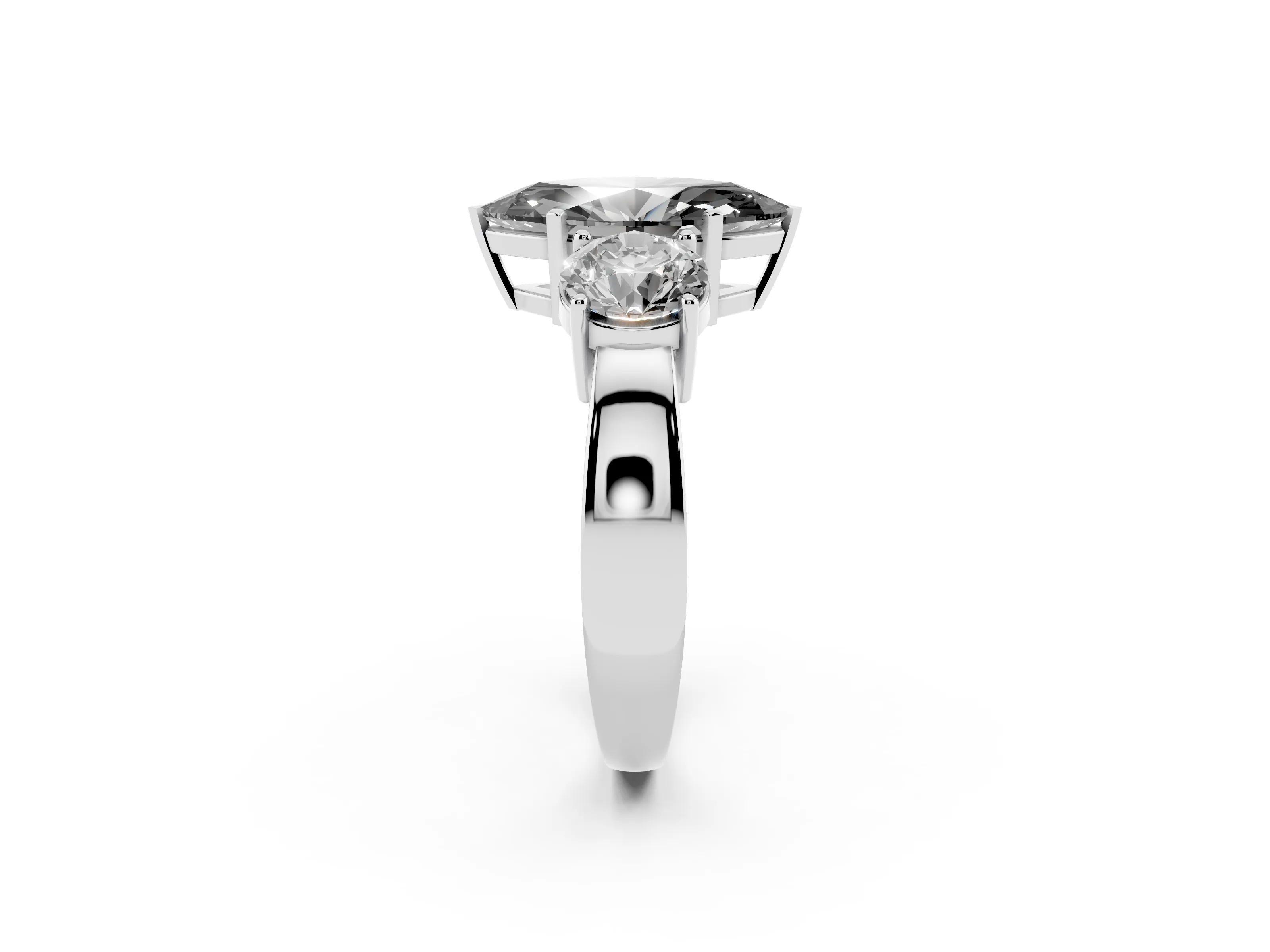 Fancy Black Marquise Cut Diamond Three-Stone Ring Set in Silver with Round Side Stones and Classic Band