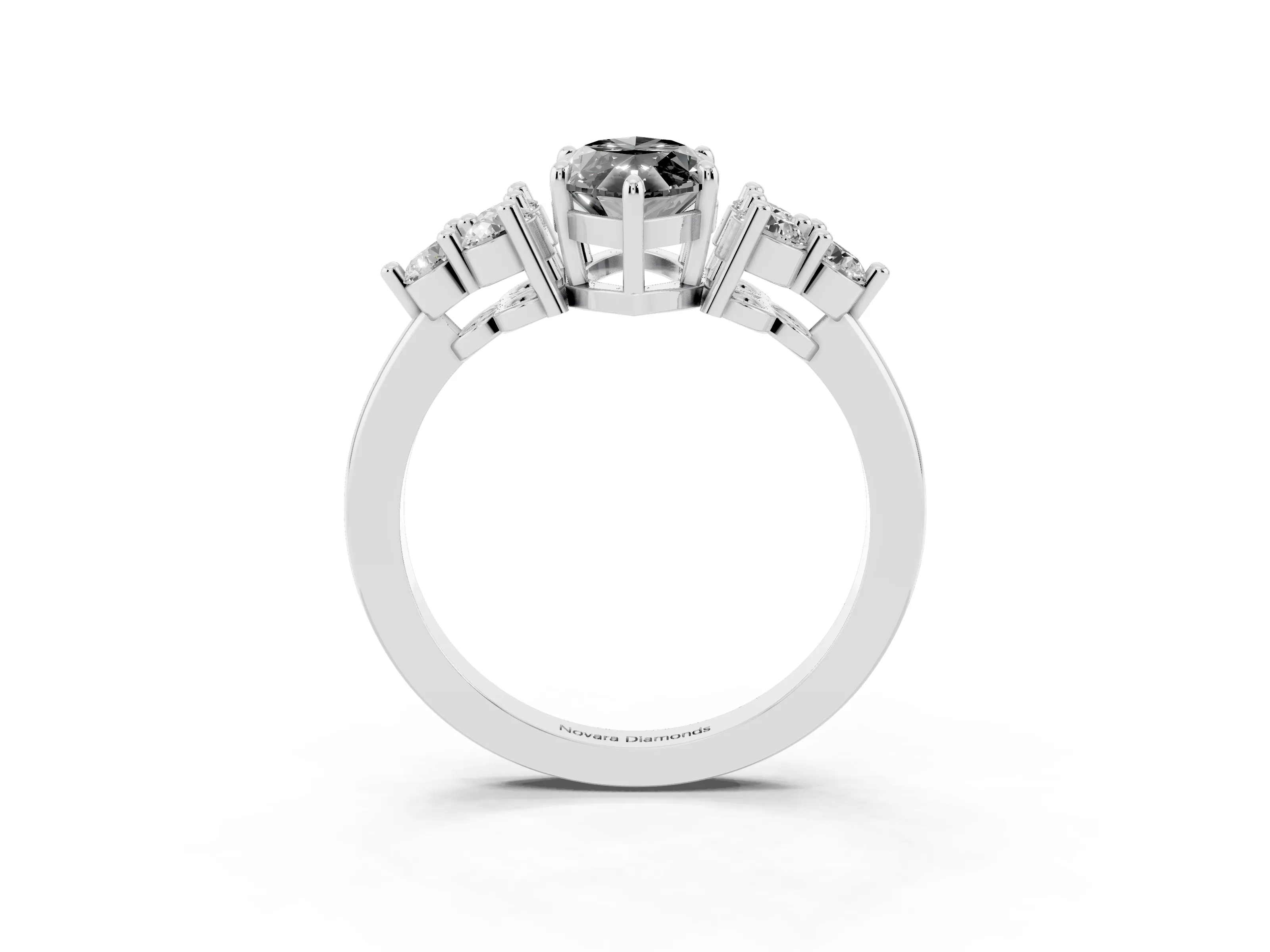 Fancy Black Marquise Cut Diamond Solitaire Ring Set in White gold with Cluster Accents on Each Side