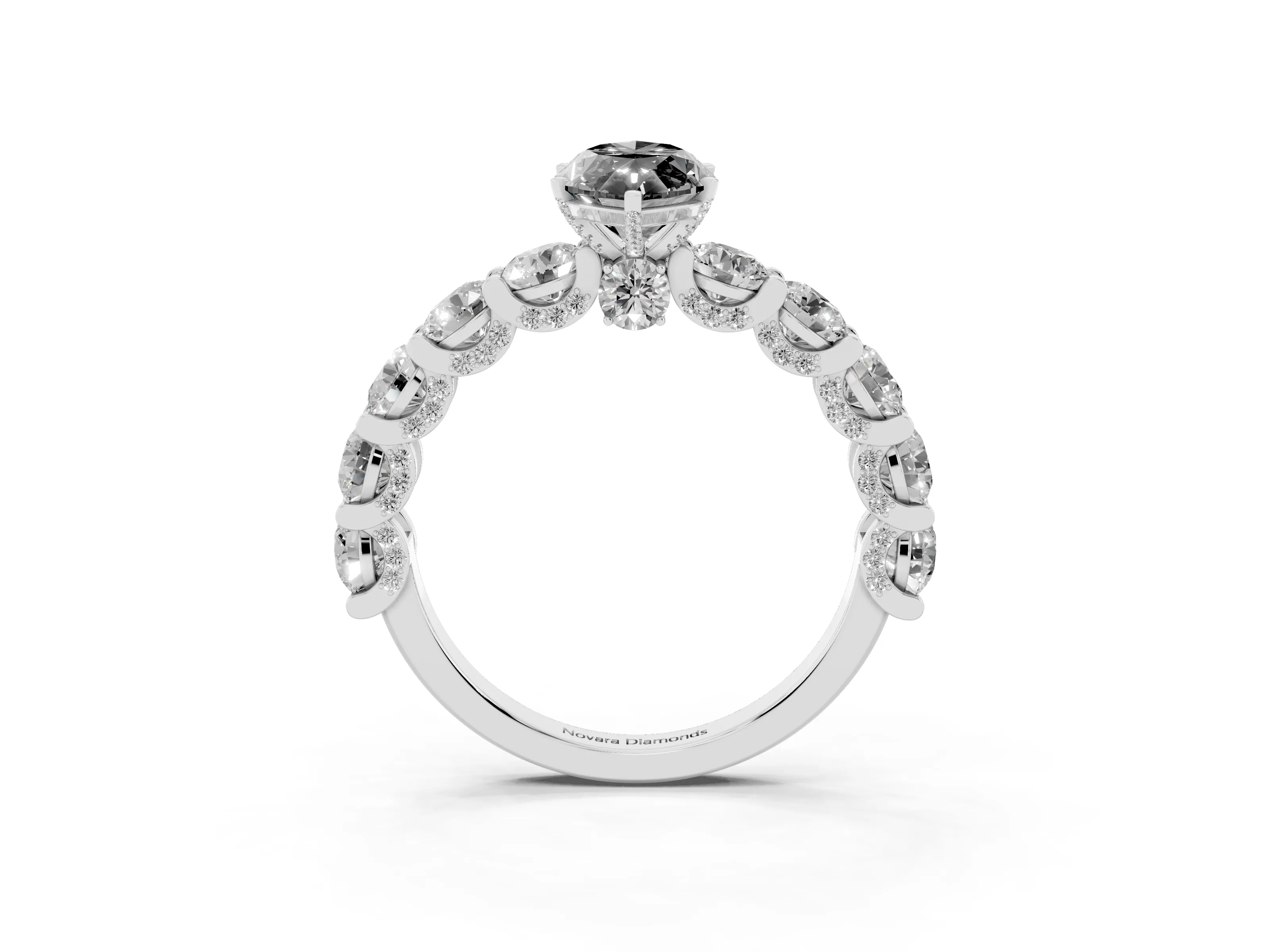 Fancy Black Marquise Cut Diamond Side Stone Ring Set in Silver with Alternating Round and Oval Side Stones