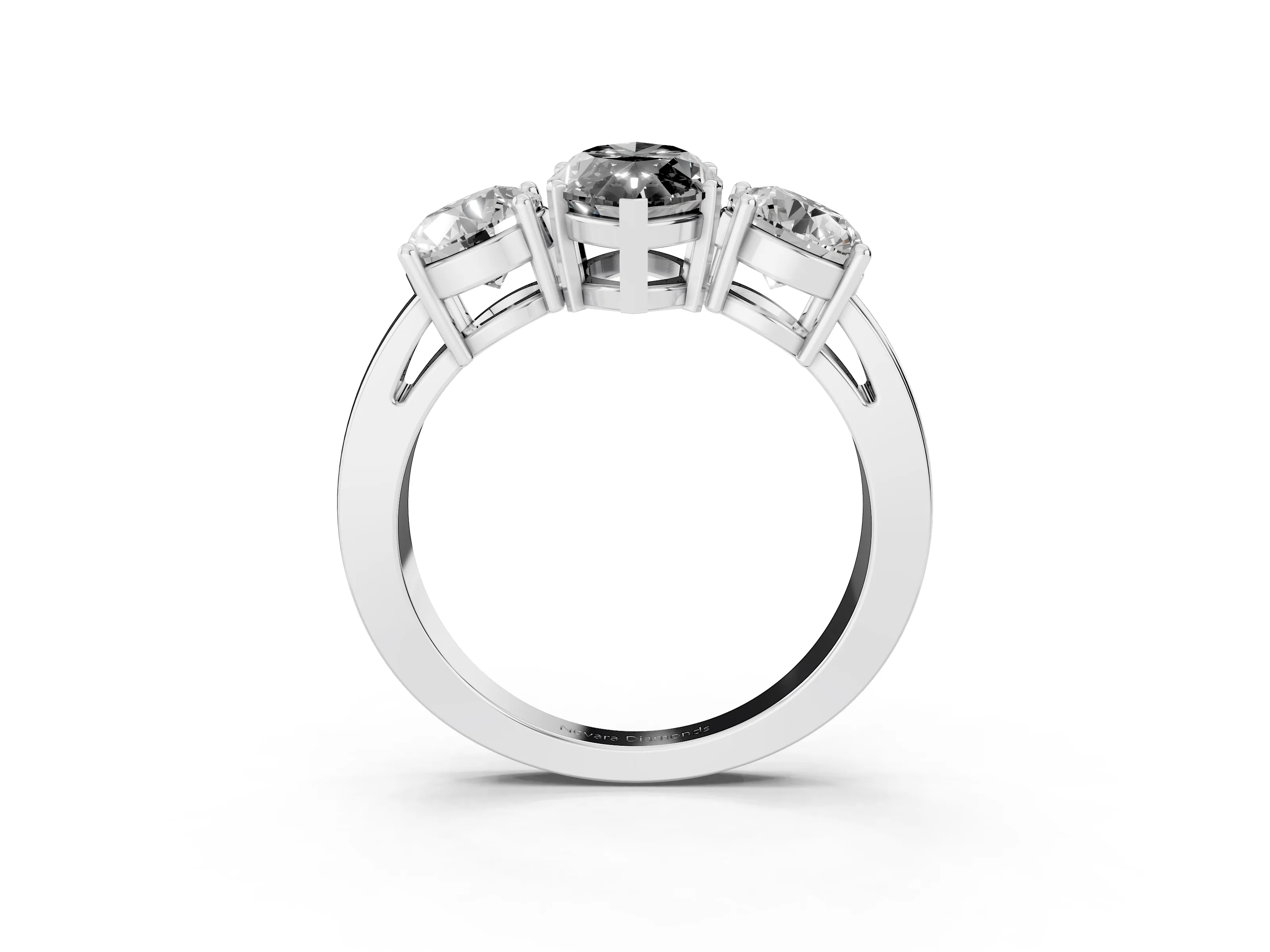 Fancy Black Marquise Cut Diamond Three-Stone Ring Set in Silver with Round Side Stones and Classic Band
