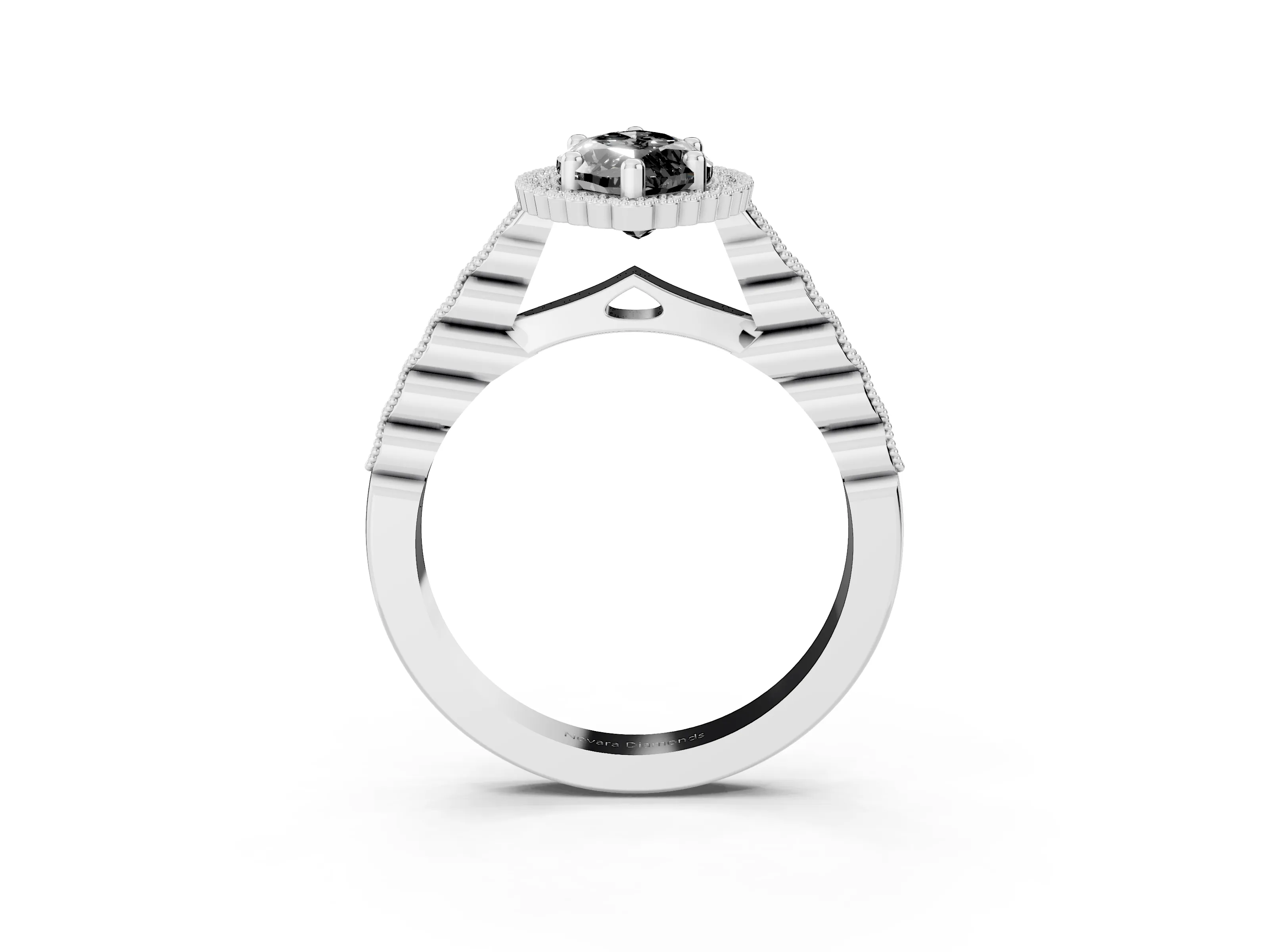 Fancy Black Marquise Cut Diamond Halo Ring Set in White gold with Pavé Milgrain Band