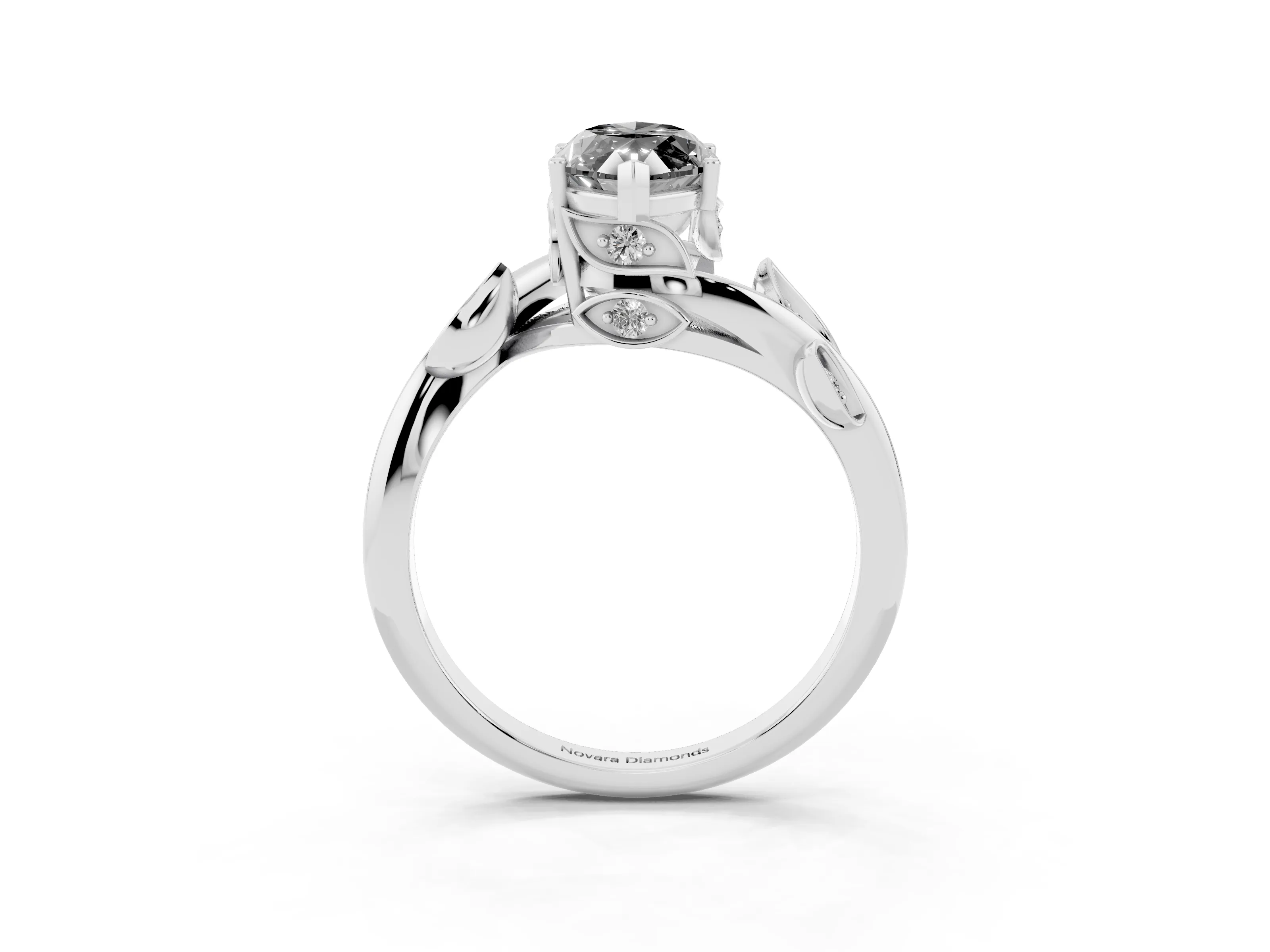 Fancy Black Marquise Cut Diamond Solitaire Twist Engagement Ring Set in White gold with Pavé Leaf Accents