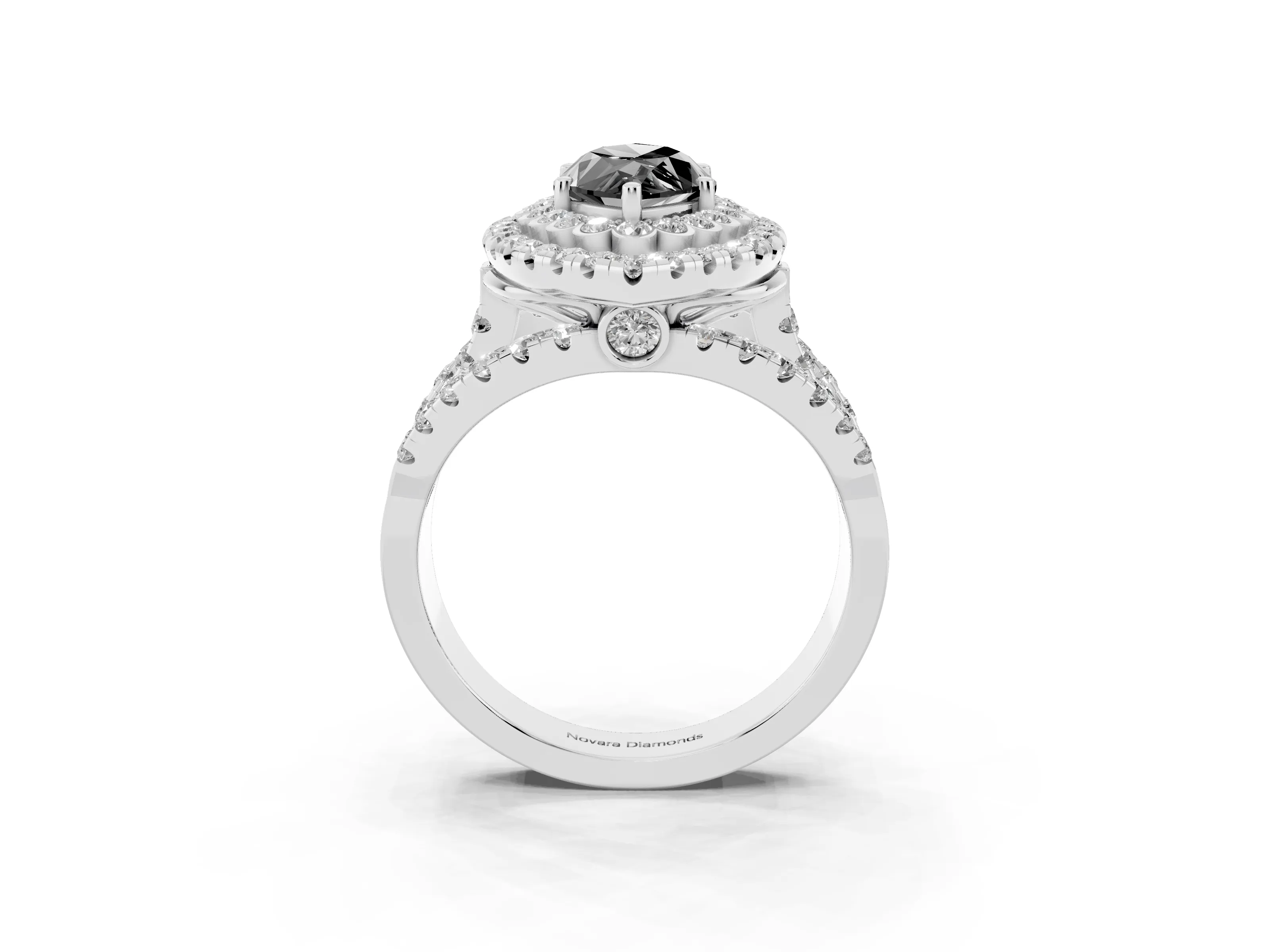 Fancy Black Marquise Cut Diamond Double Halo Ring Set in White gold with Round Pavé Split Shank