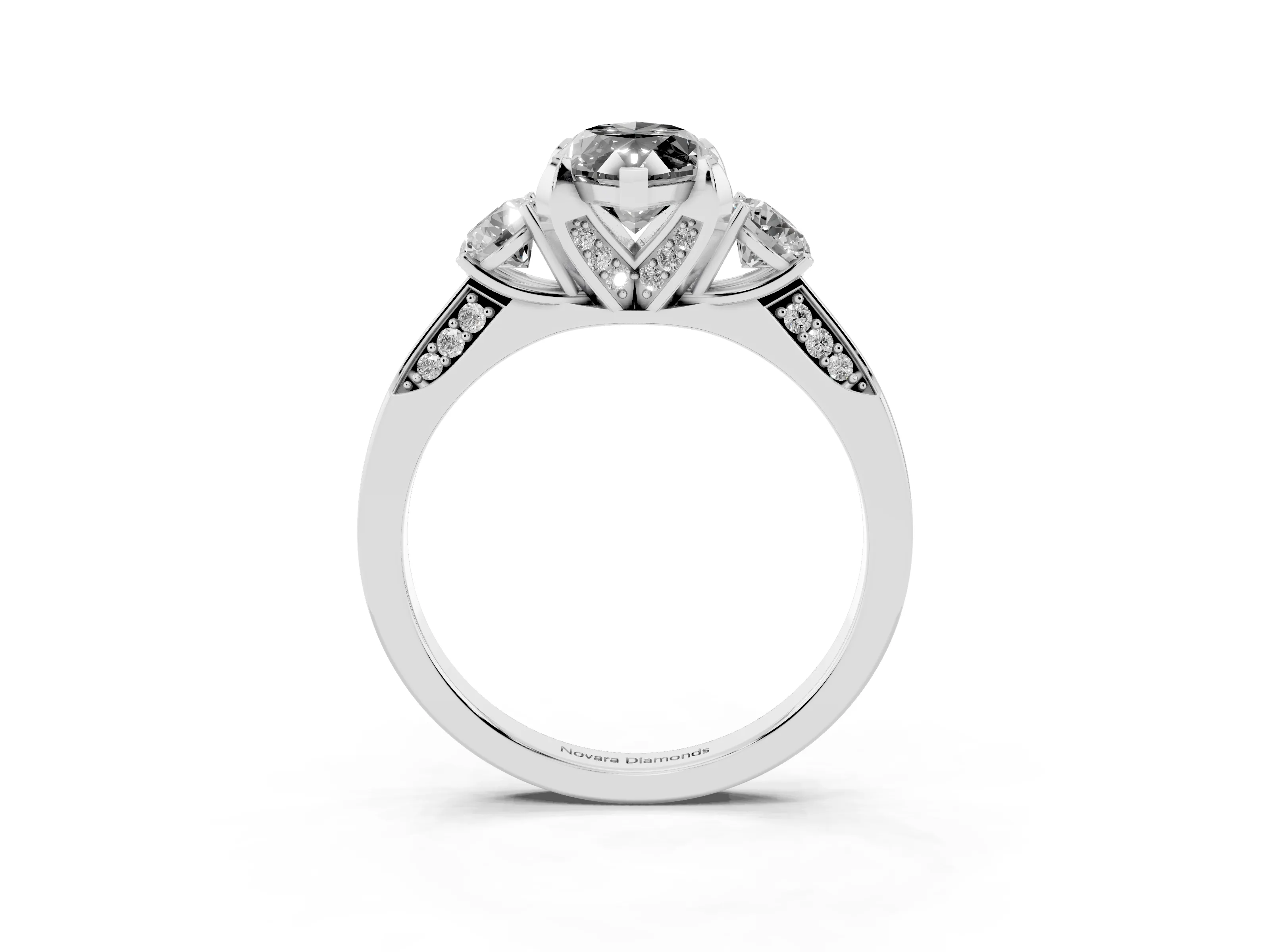 Fancy Black Marquise Cut Diamond Three-Stone Ring Set in White gold with Pavé Band and Smaller Side Stones