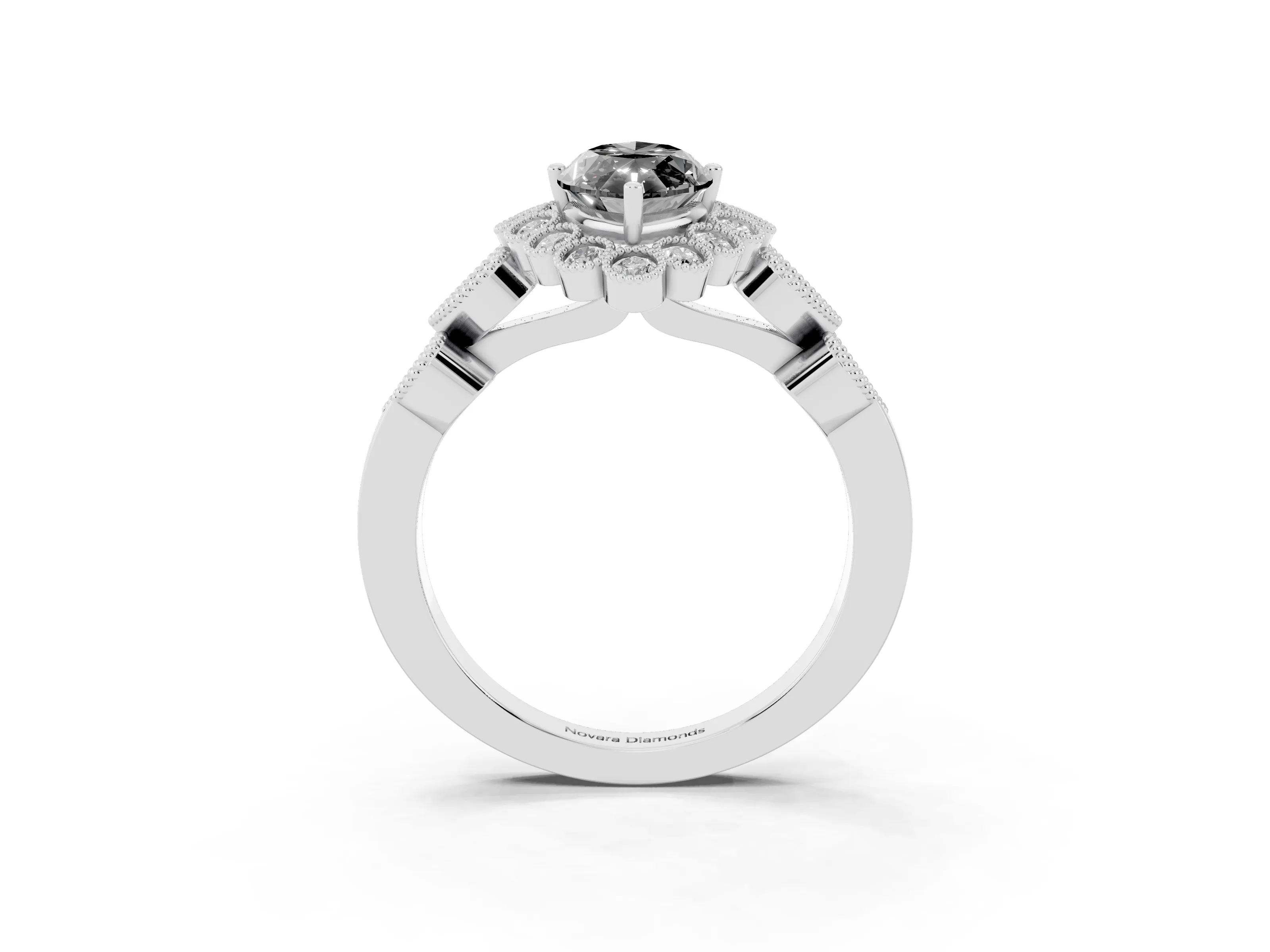 Fancy Black Marquise Cut Diamond Solitaire Ring Set in Platinum with Milgrain Pavé Heart Band