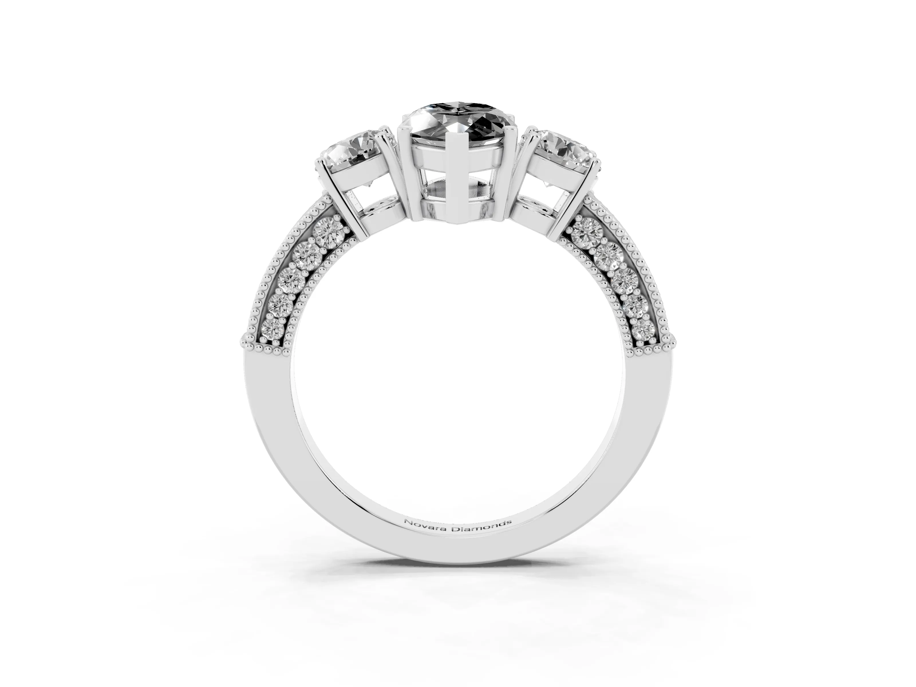 Fancy Black Marquise Cut Diamond Three-Stone Ring Set in Platinum with Round Side Stones and Pavé Band