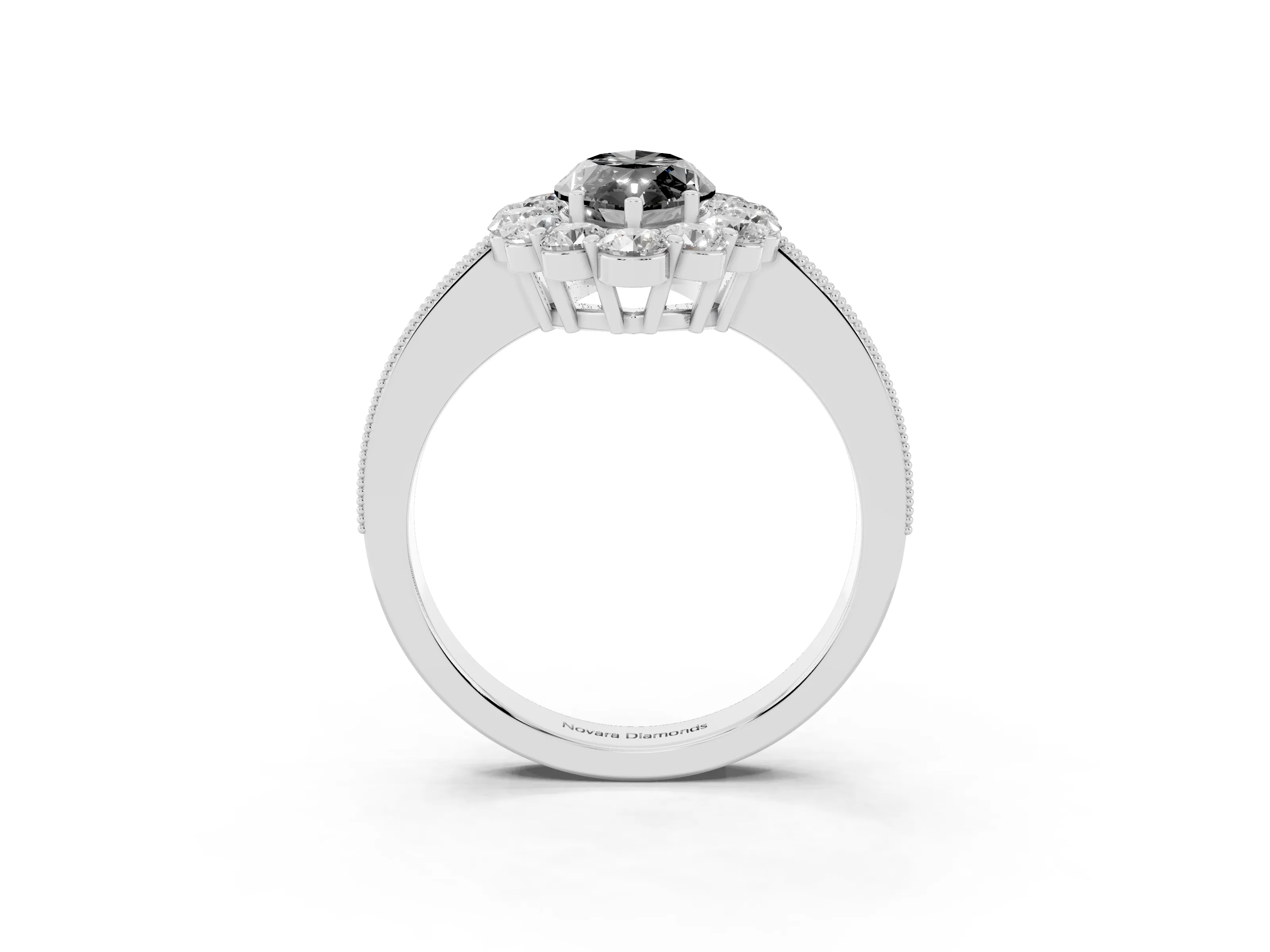 Fancy Black Marquise Cut Diamond Halo Pavé Engagement Ring Set in White gold with Milgrain Detailing