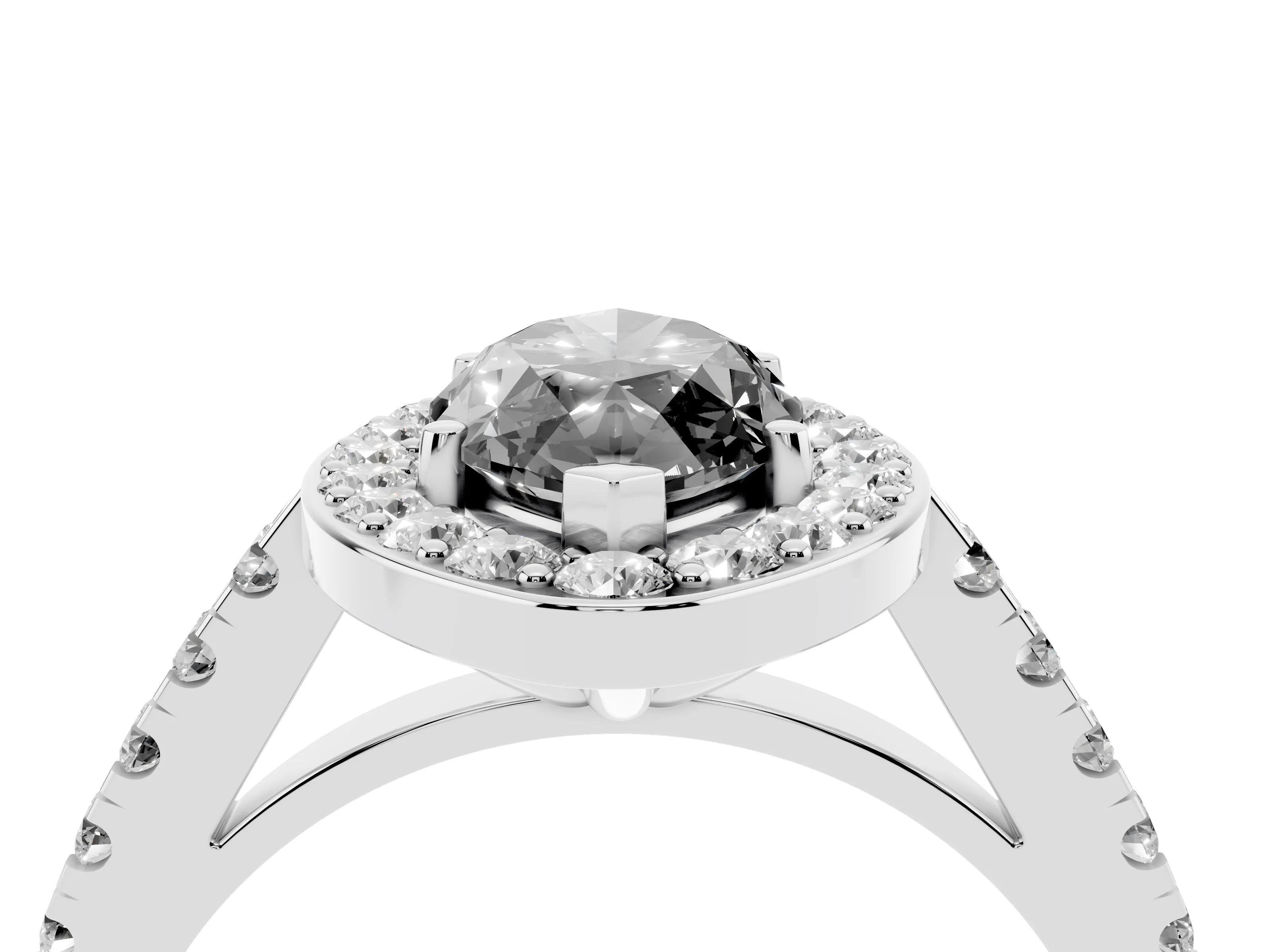Fancy Black Marquise Cut Diamond Halo Ring Set in White gold with Round Pavé Split Shank and Prong Setting
