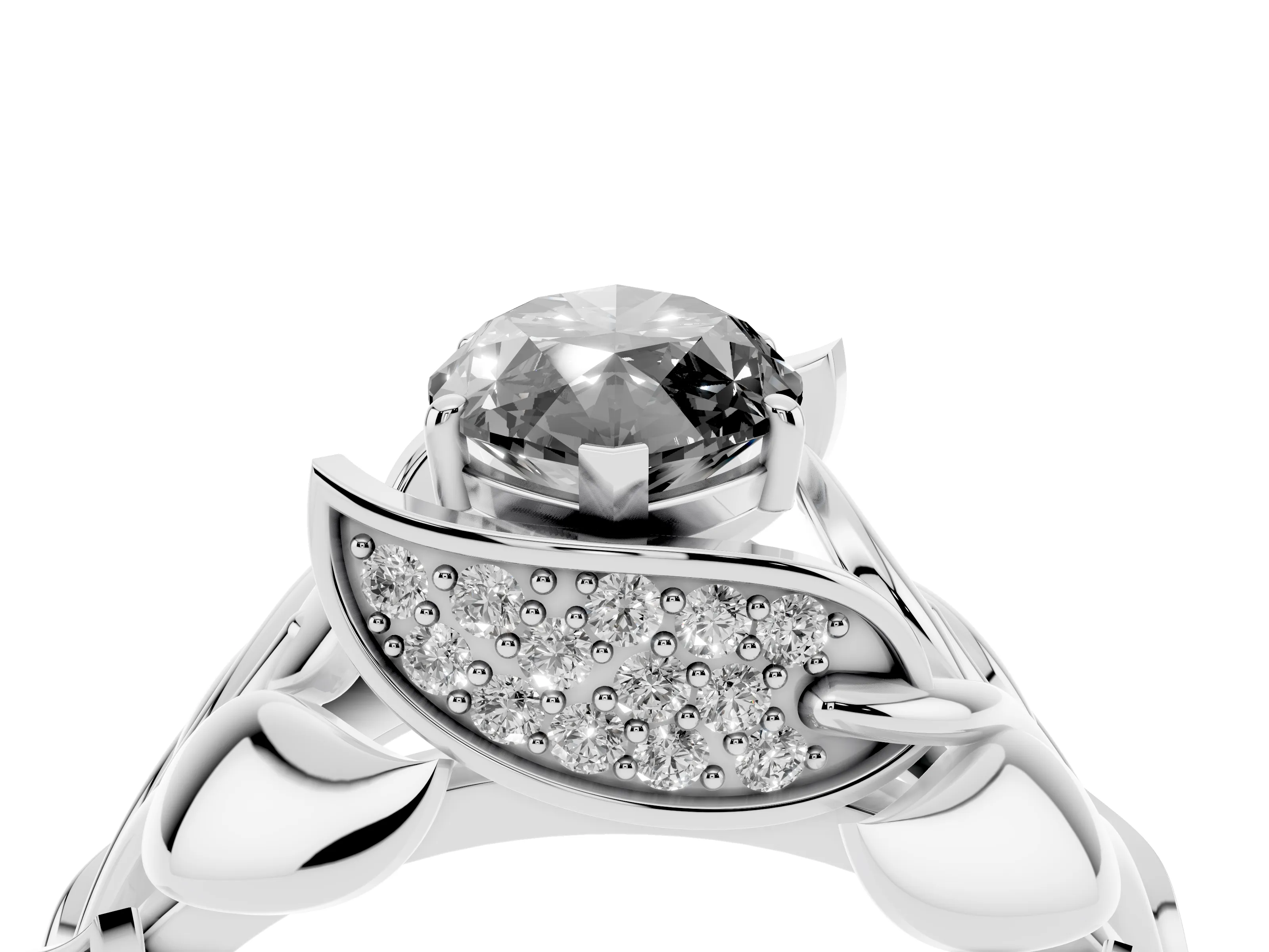 Fancy Black Marquise Cut Diamond Leaf-Inspired Engagement Ring Set in Silver with Round Accents