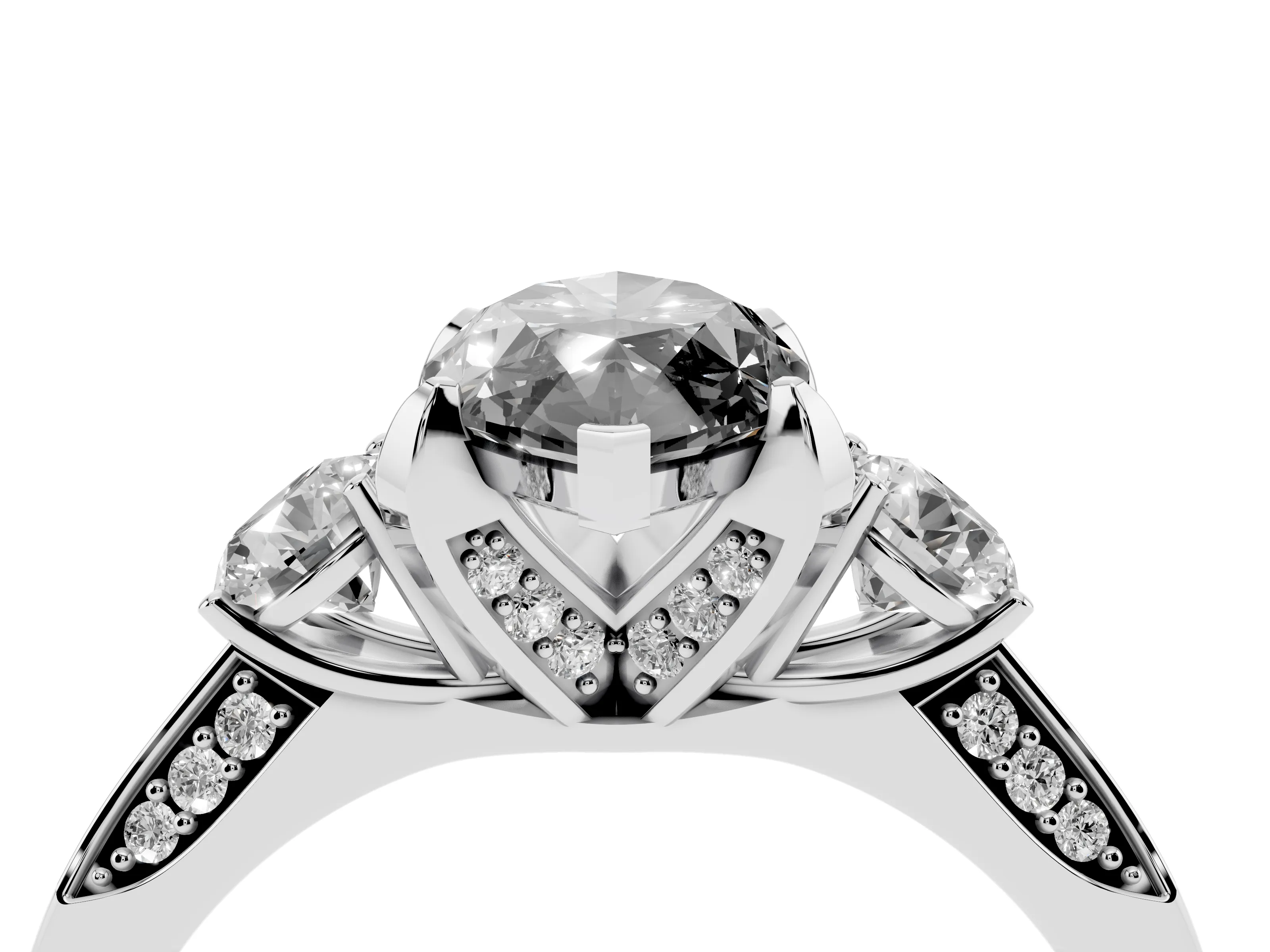 Fancy Black Marquise Cut Diamond Three-Stone Ring Set in White gold with Pavé Band and Smaller Side Stones