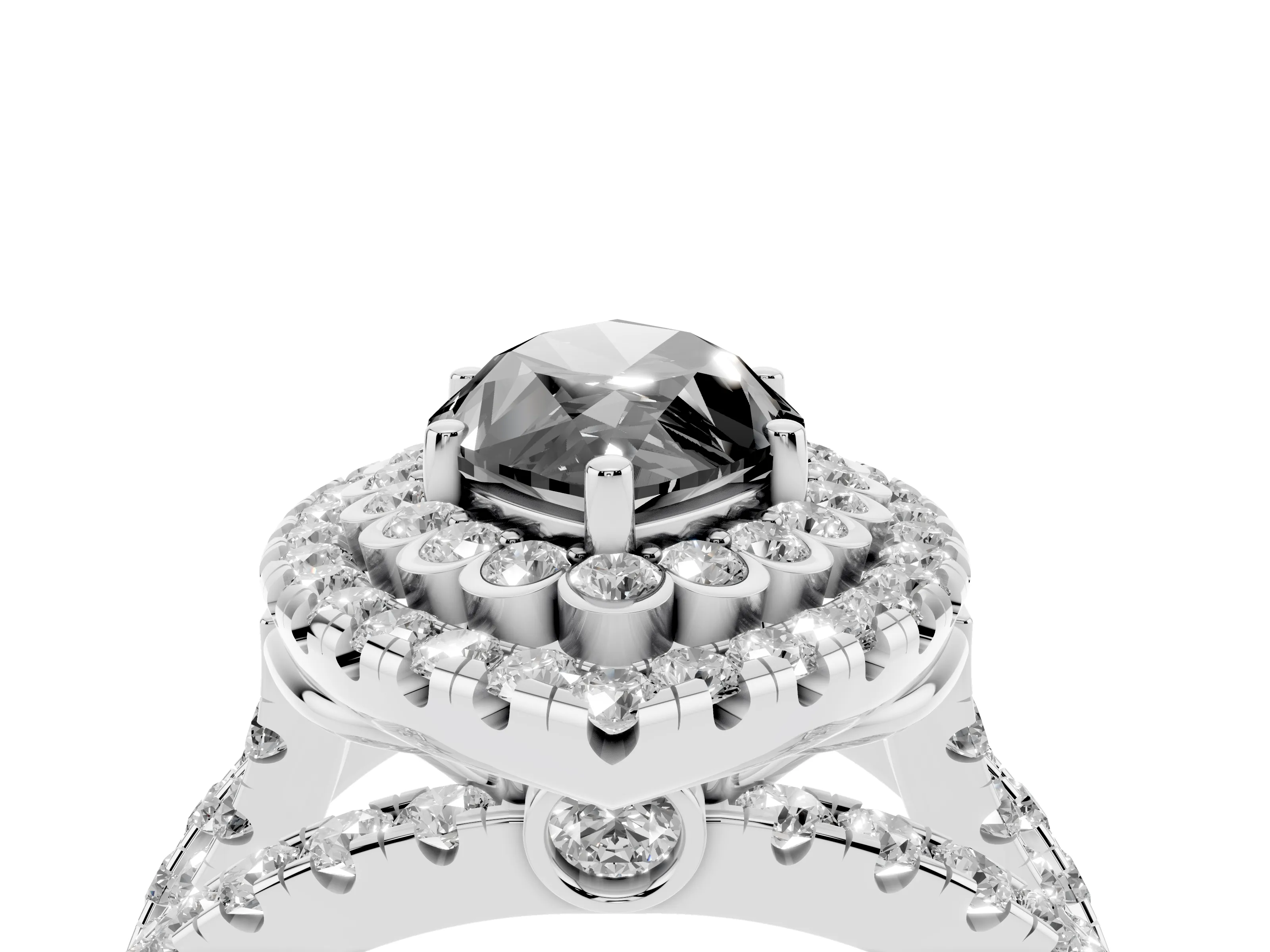Fancy Black Marquise Cut Diamond Double Halo Ring Set in White gold with Round Pavé Split Shank
