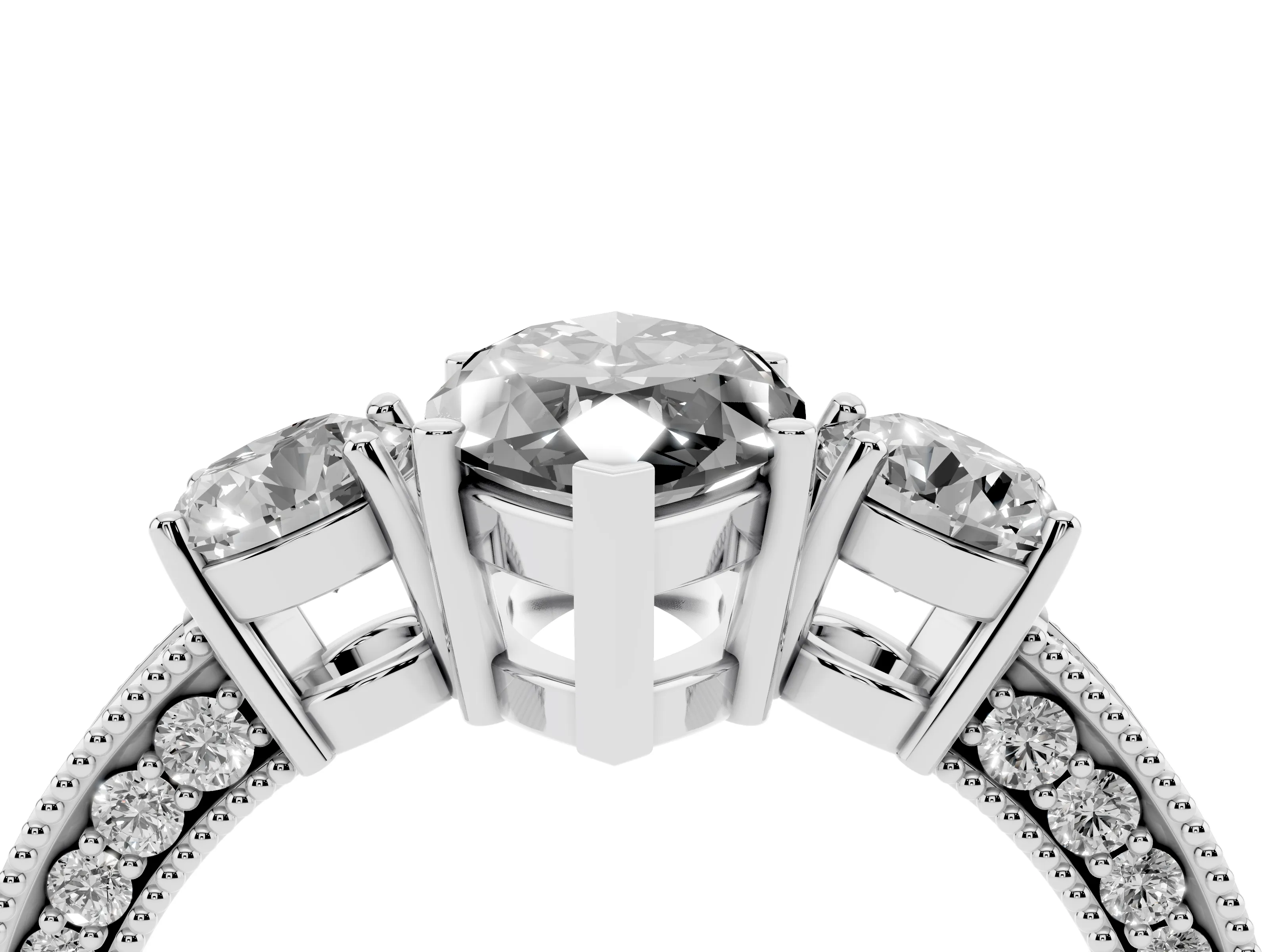 Fancy Black Marquise Cut Diamond Three-Stone Ring Set in Platinum with Round Side Stones and Pavé Band