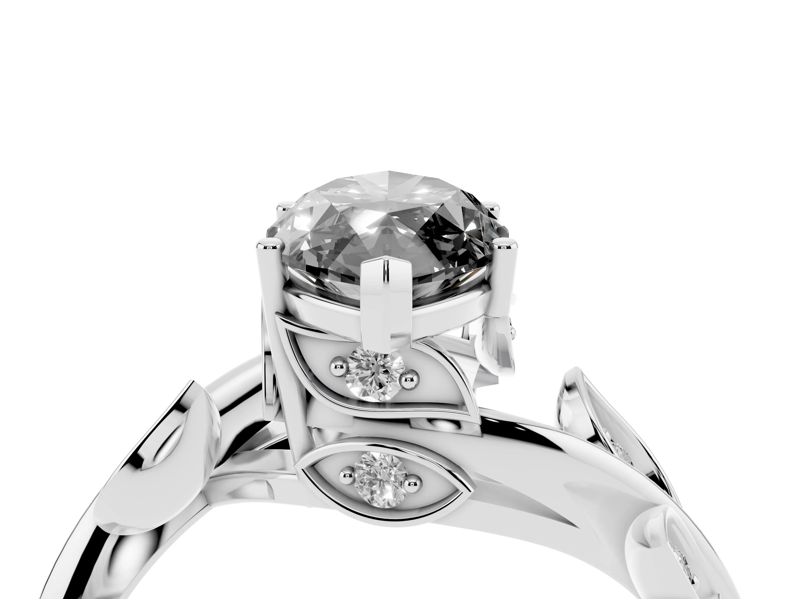 Fancy Black Marquise Cut Diamond Solitaire Twist Engagement Ring Set in White gold with Pavé Leaf Accents