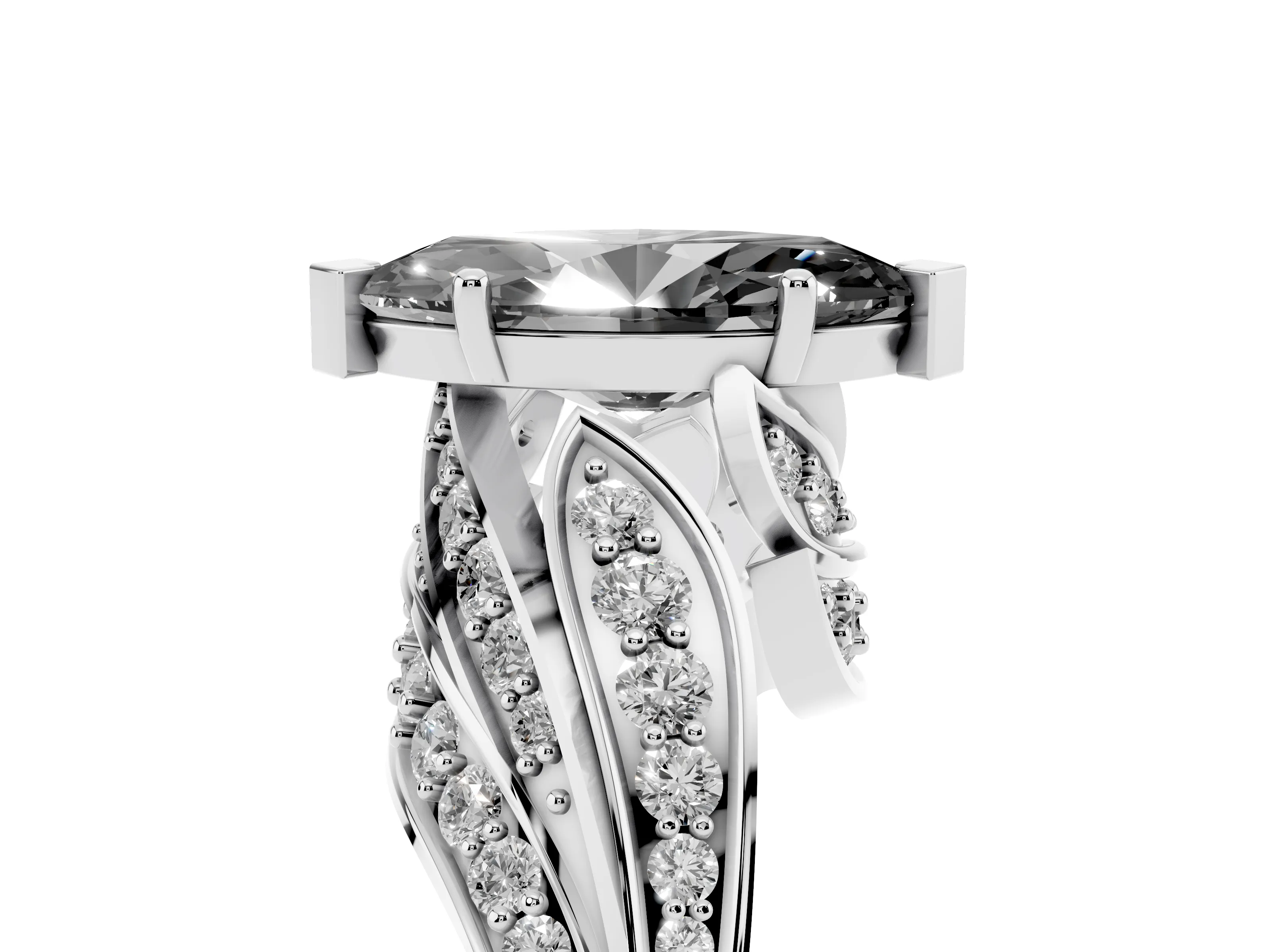 Fancy Black Marquise Cut Diamond Solitaire Ring Set in Platinum with Layered Twist Pavé Band