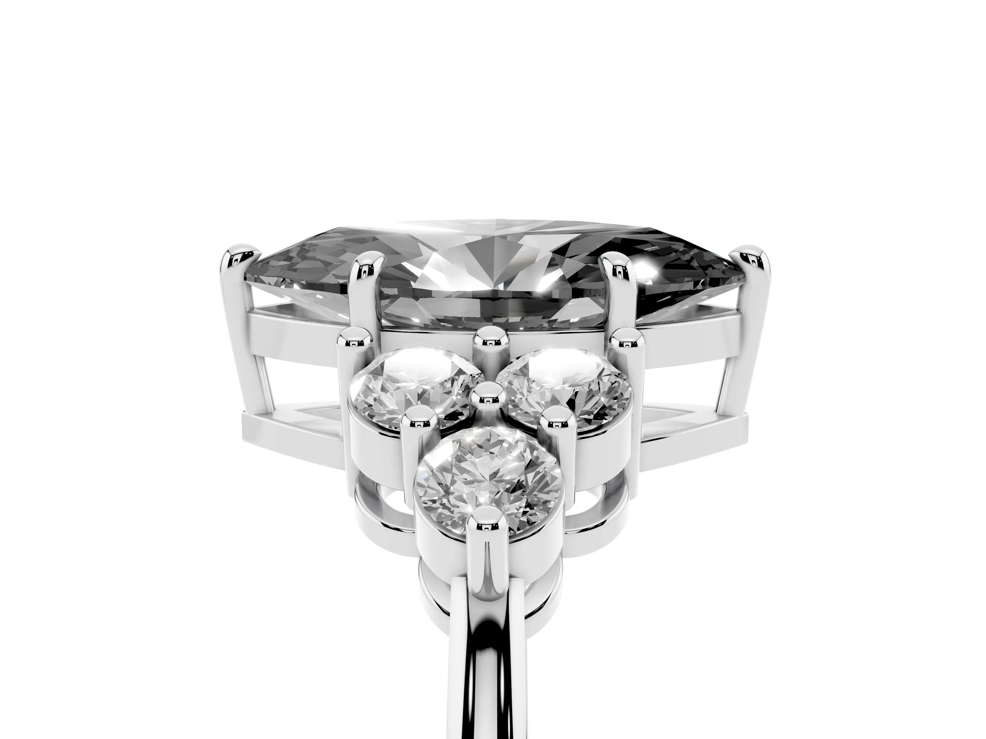 Fancy Black Marquise Cut Diamond Solitaire Ring Set in White gold with Cluster Accents on Each Side