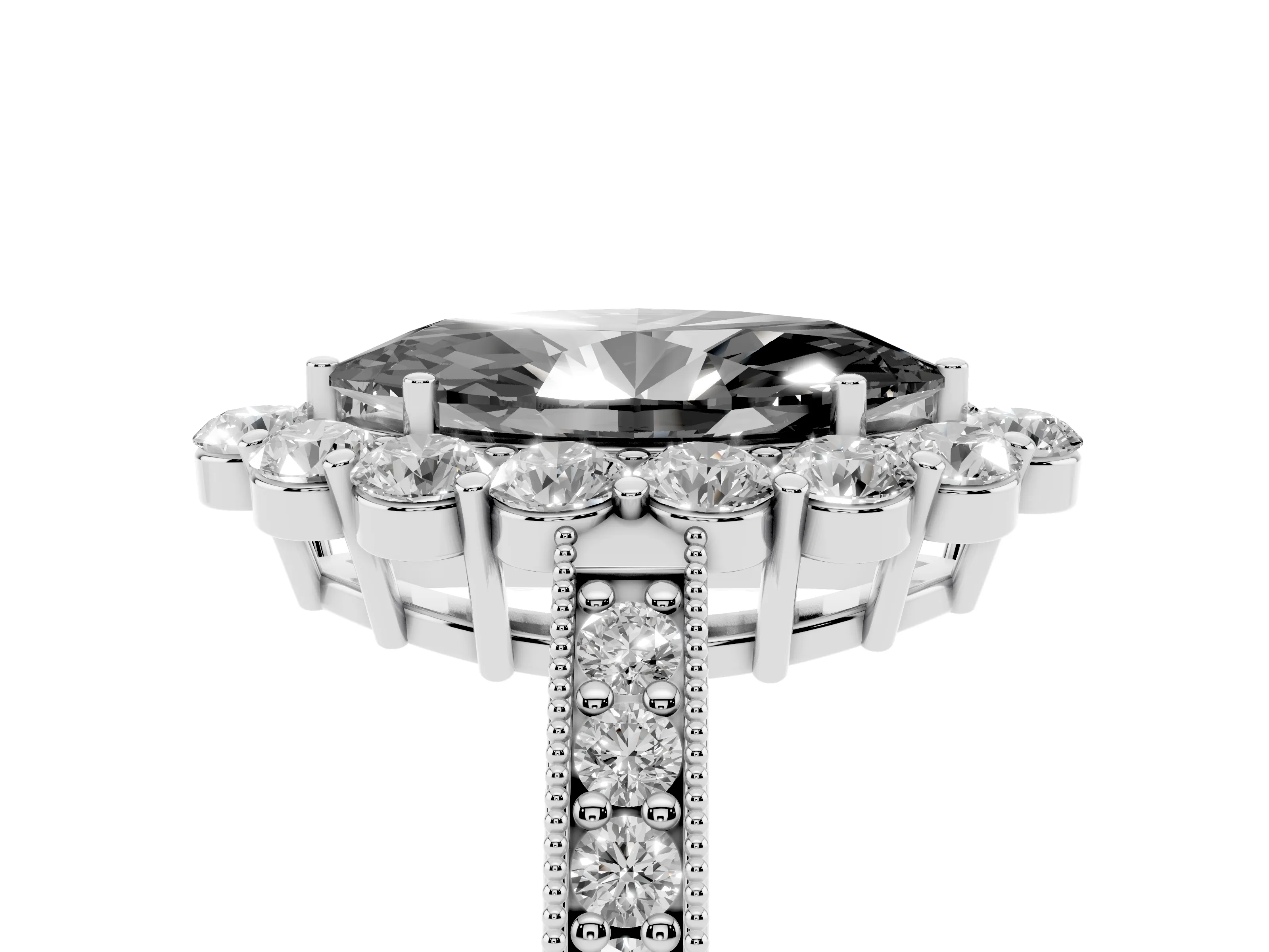 Fancy Black Marquise Cut Diamond Halo Pavé Engagement Ring Set in White gold with Milgrain Detailing