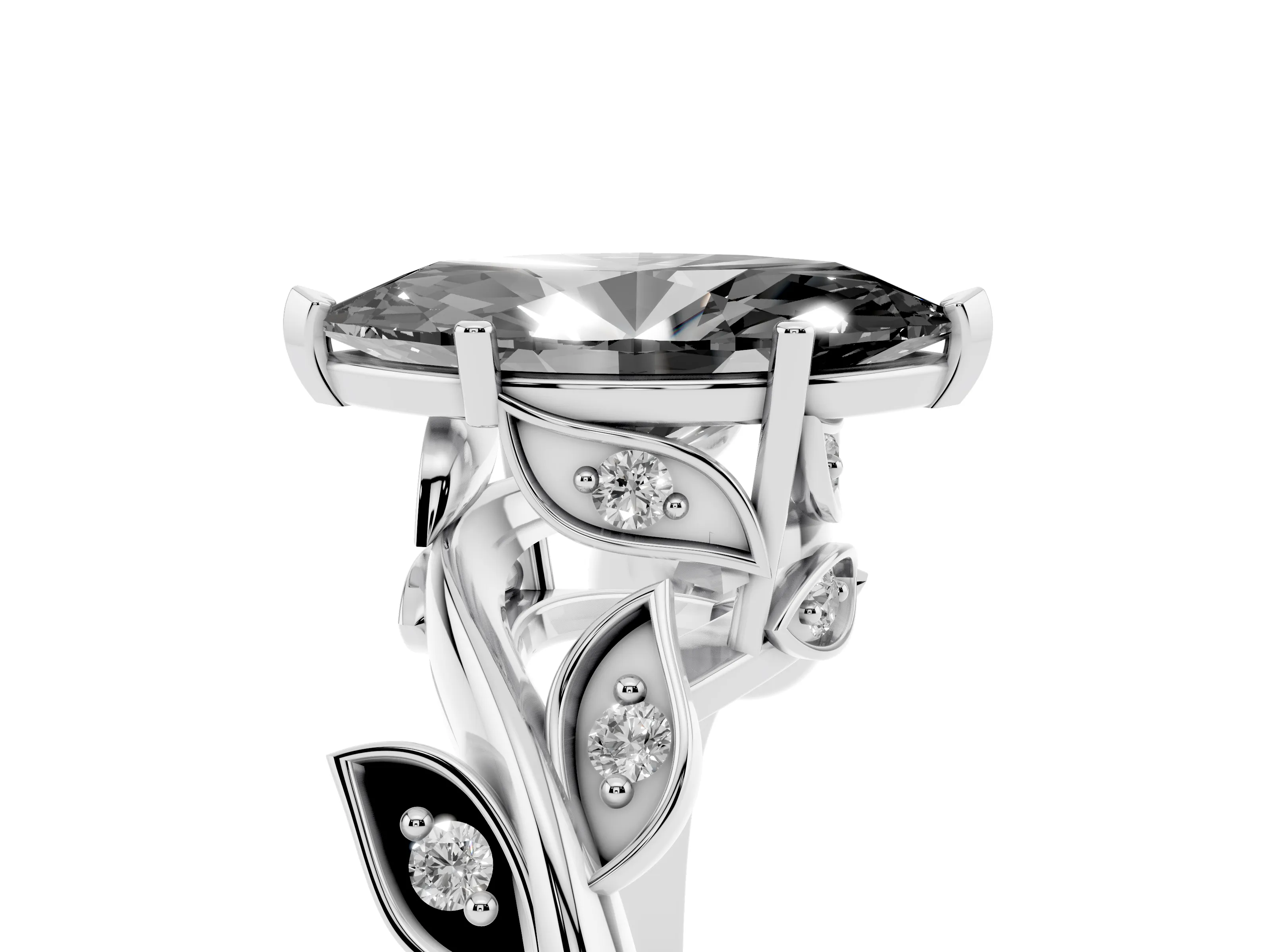 Fancy Black Marquise Cut Diamond Solitaire Twist Engagement Ring Set in White gold with Pavé Leaf Accents