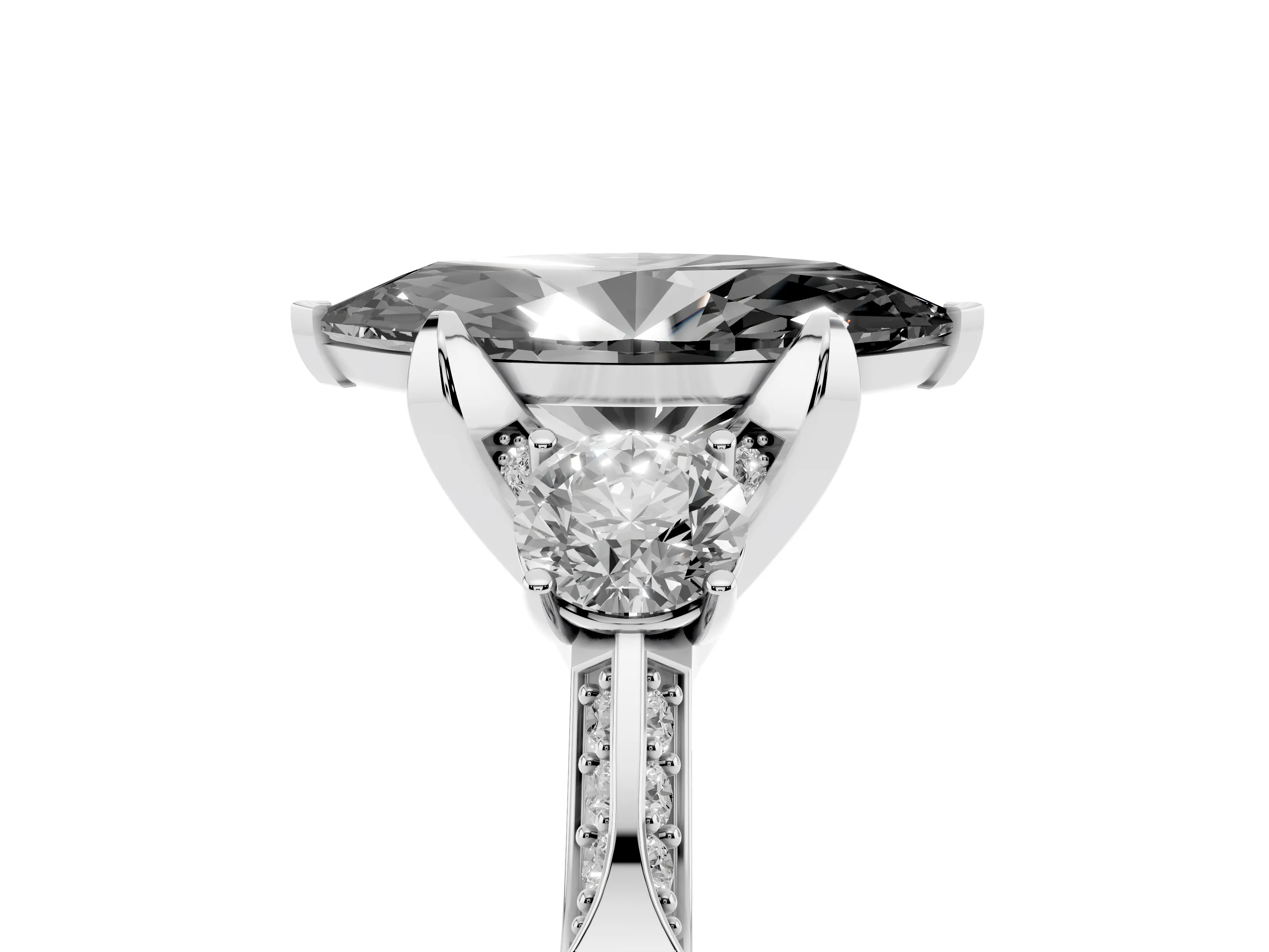 Fancy Black Marquise Cut Diamond Three-Stone Ring Set in White gold with Pavé Band and Smaller Side Stones