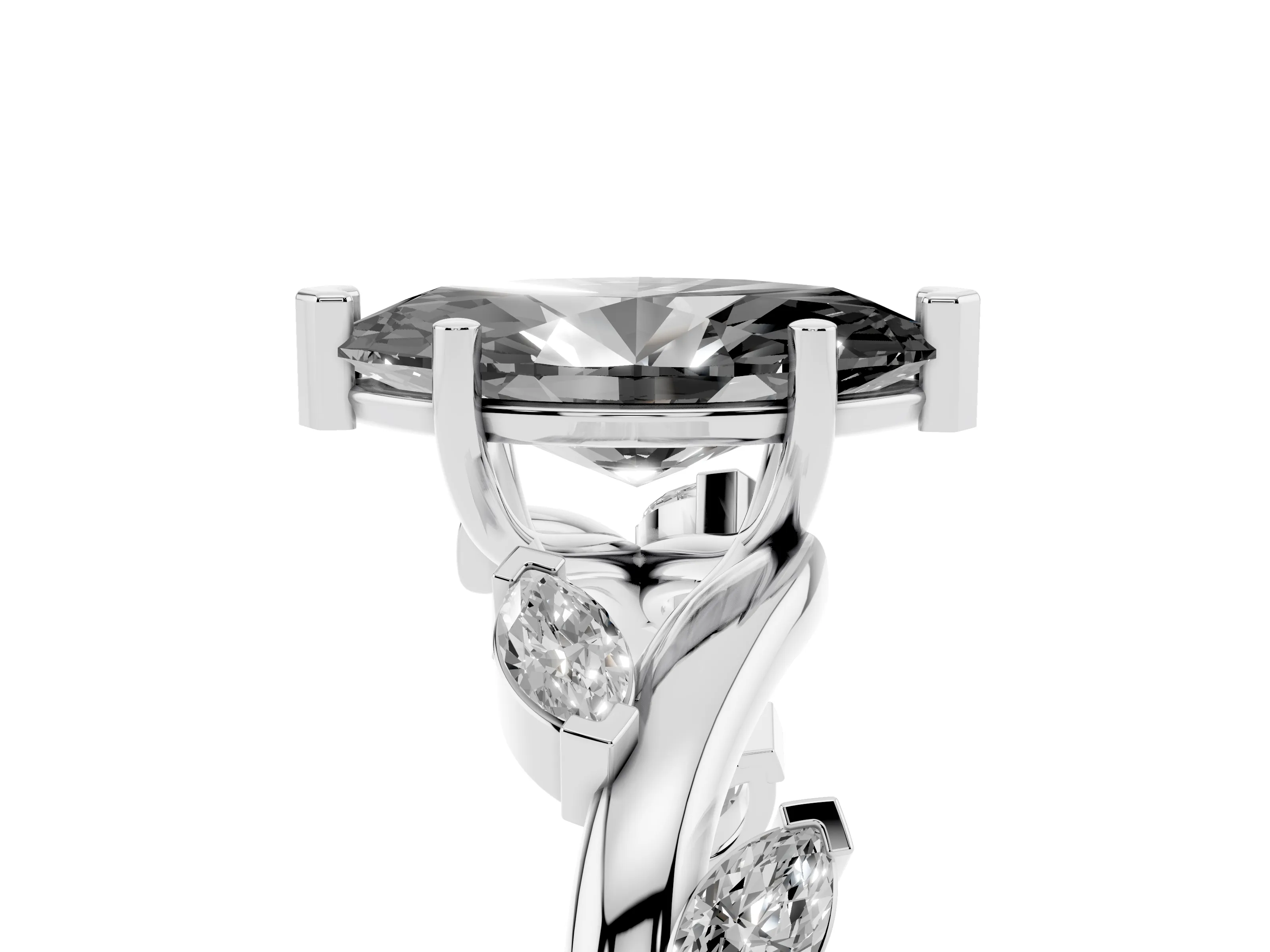 Fancy Black Marquise Cut Diamond Solitaire Ring Set in Platinum with Twisted Marquise Accent Band