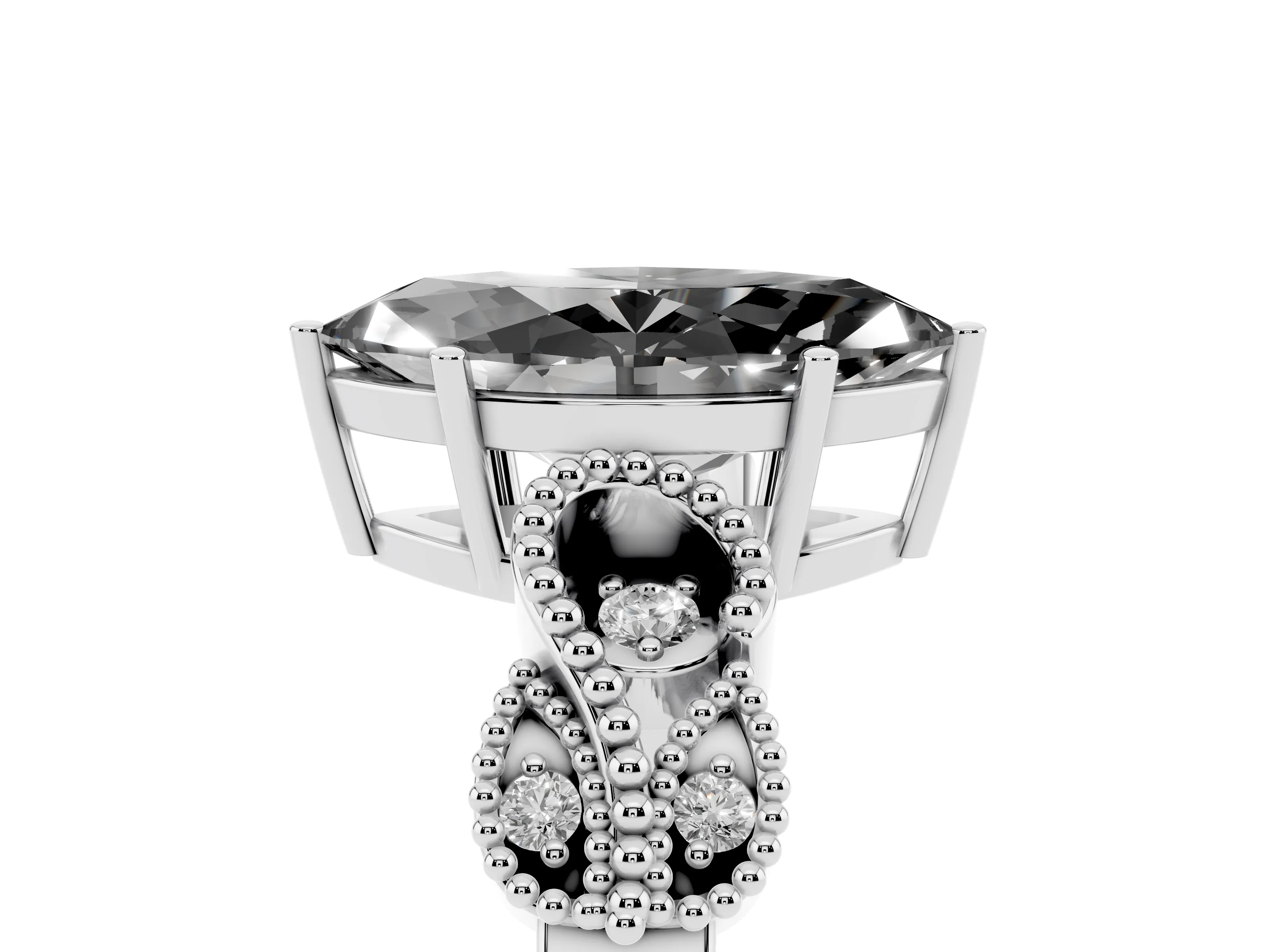 Fancy Black Marquise Cut Diamond Milgrain Leaf Band Solitaire Ring Set in Platinum with Accent Stones and Prong Setting